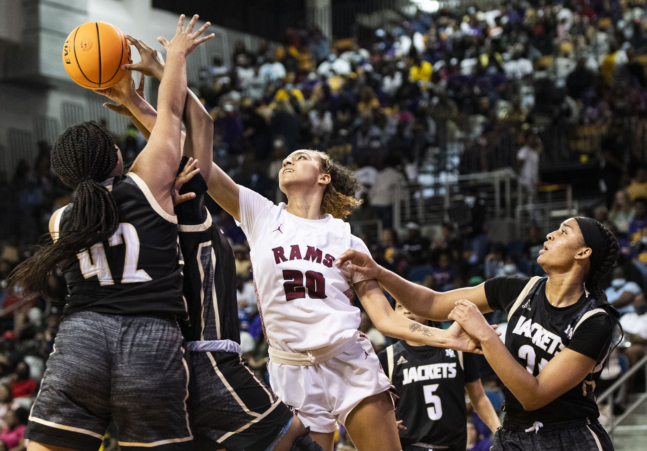  Westside's Olivia Randolph (20) battles for a rebound against North Augusta's during the Class AAAA in the SCHSL state championship game at the USC Aiken Convocation Center.     