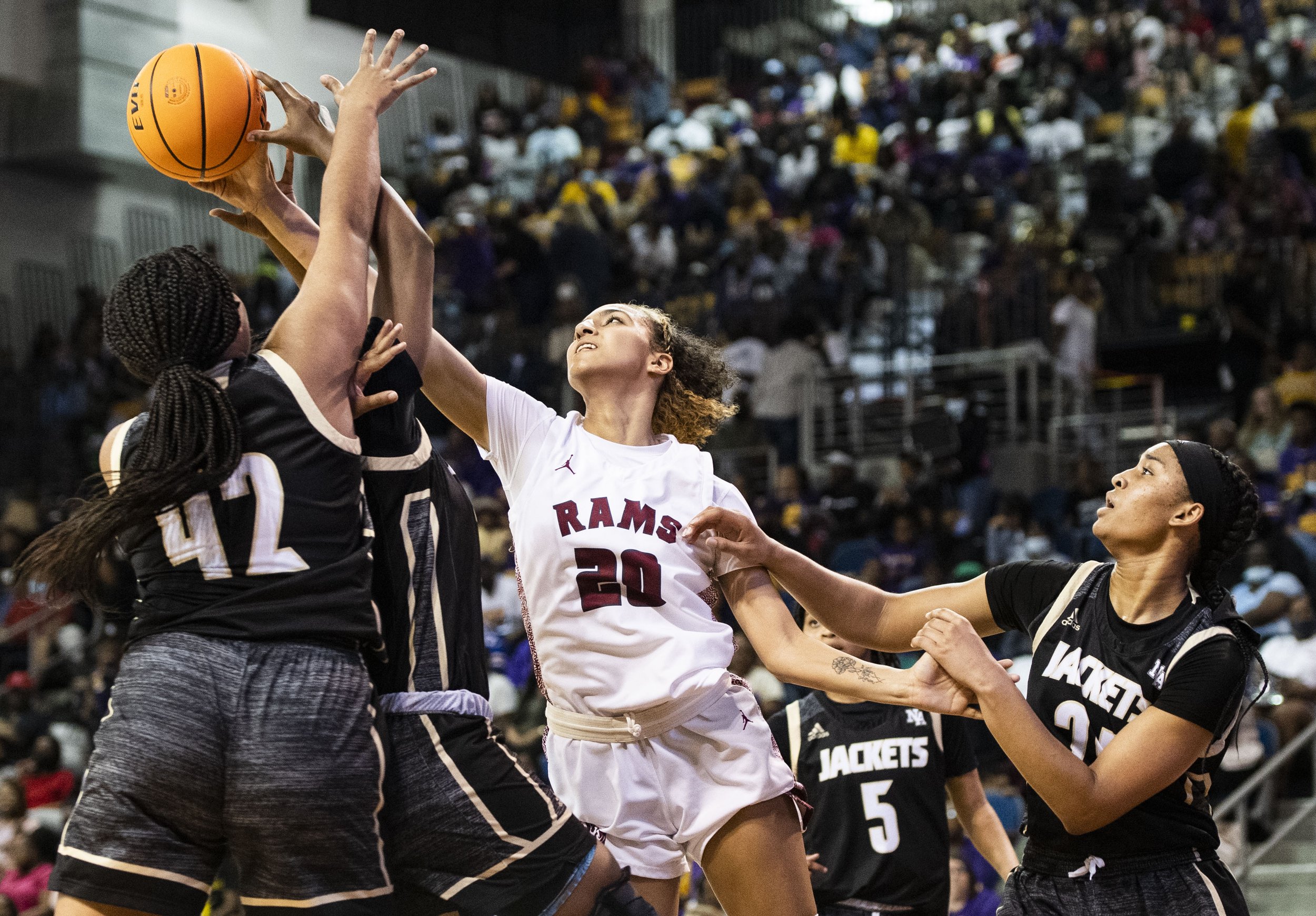  Westside's Olivia Eandolph (20) battles for a rebound against North Augusta's during the Class AAAA in the SCHSL state championship game at the USC Aiken Convocation Center Saturday, March 5, 2022.     