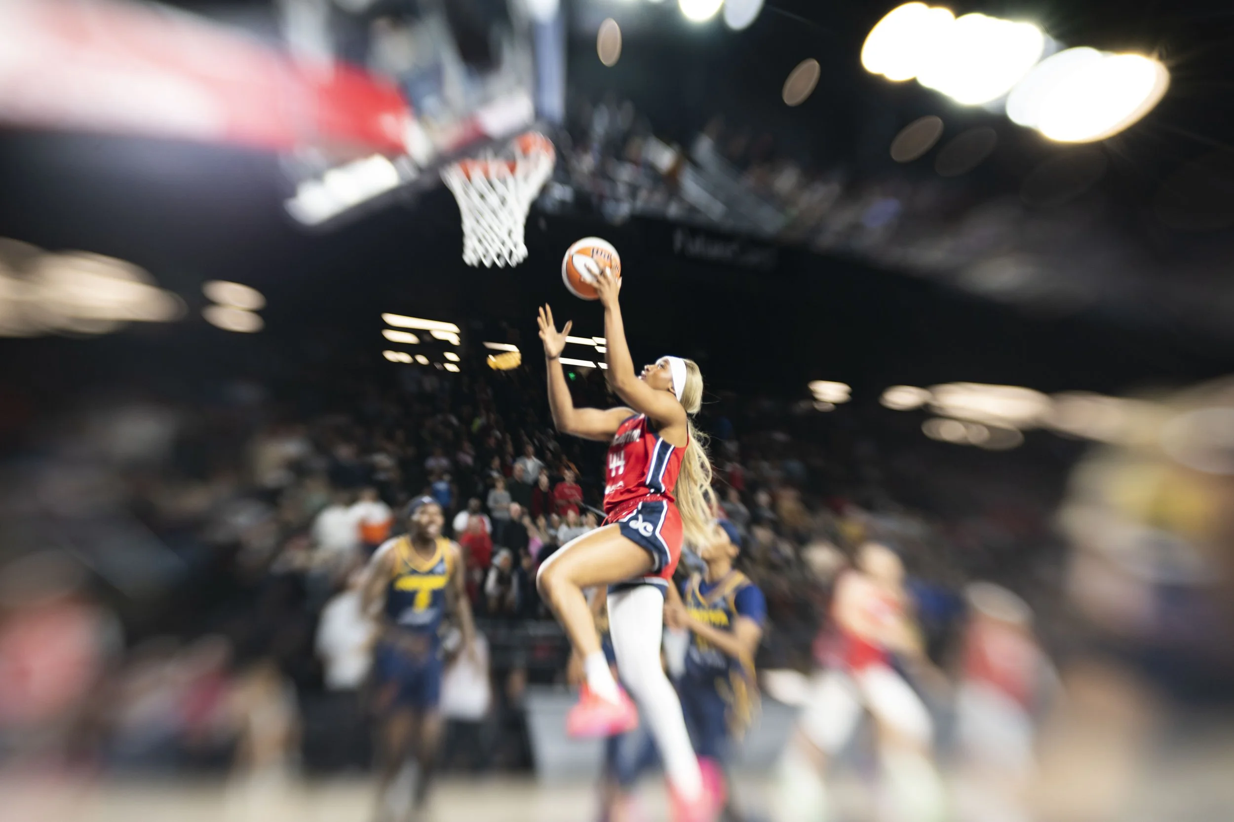  Washington Mystics forward Kiki Iriafen (44) pops up for a shot while playing against the Indiana Fever at CFG Bank Arena in Baltimore. 