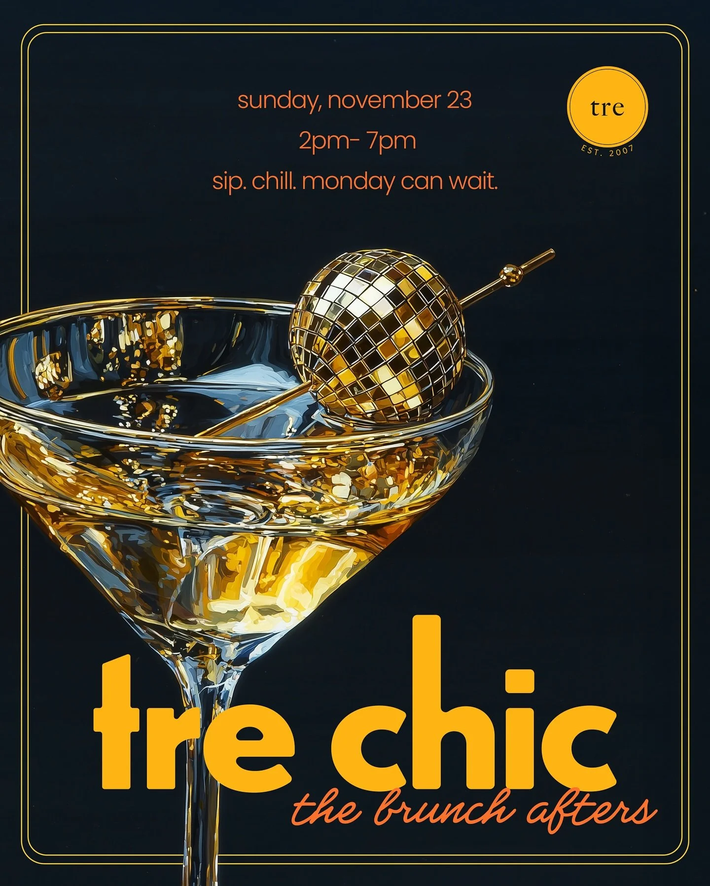 We interrupt your regular Sunday programming for an important announcement:📣 It&rsquo;s time to get Tre Chic! 🍾 Come recover from brunch (or keep the party going) with us. 
Sun, November 23rd, 2 PM - 7 PM. 
Link in bio🔗

#DayTimeParty #TreChic #tr