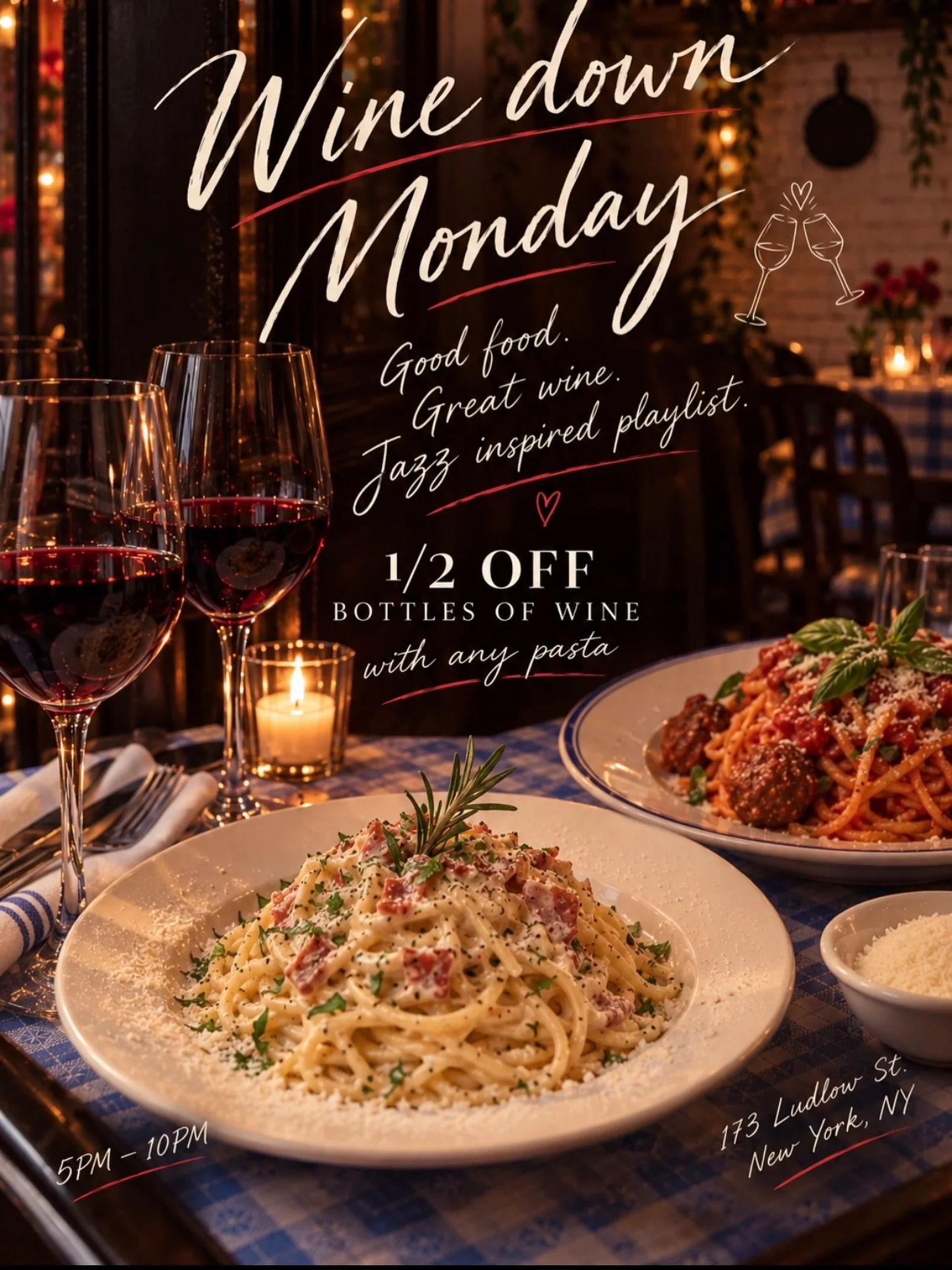 Consider this your Monday night plans 🍷
Pasta on the table, wine in your glass &amp; a jazzy playlist in the background.

&frac12; off bottles of wine with any pasta, 5&ndash;10PM.

Wine down with us at Tre ❤️