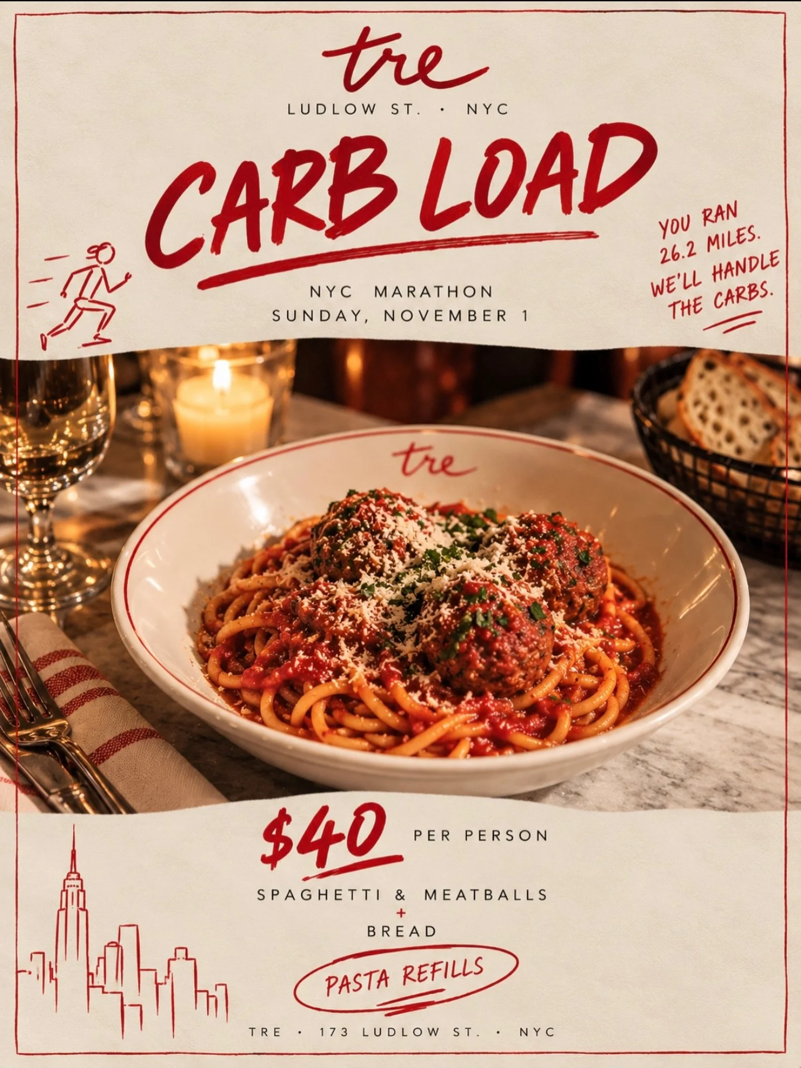 26.2 miles? You&rsquo;ve earned your carbs. 🍝🏅

Whether you&rsquo;re running the NYC Marathon or just running to dinner, we&rsquo;ve got you covered.

Join us Sunday, November 1st for our MARATHON CARB LOAD 🏃&zwj;♂️

🍝 Spaghetti &amp; Meatballs
?