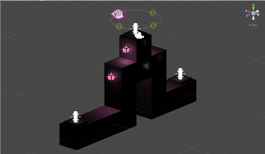 Here you can see I've created a ghost enemy (modeled in Maya and textured in Substance Painter) and he's got a waypoint path that makes him circle the middle platform. When the player is in view, he'll speed up and fly directly at the player. Spooky.