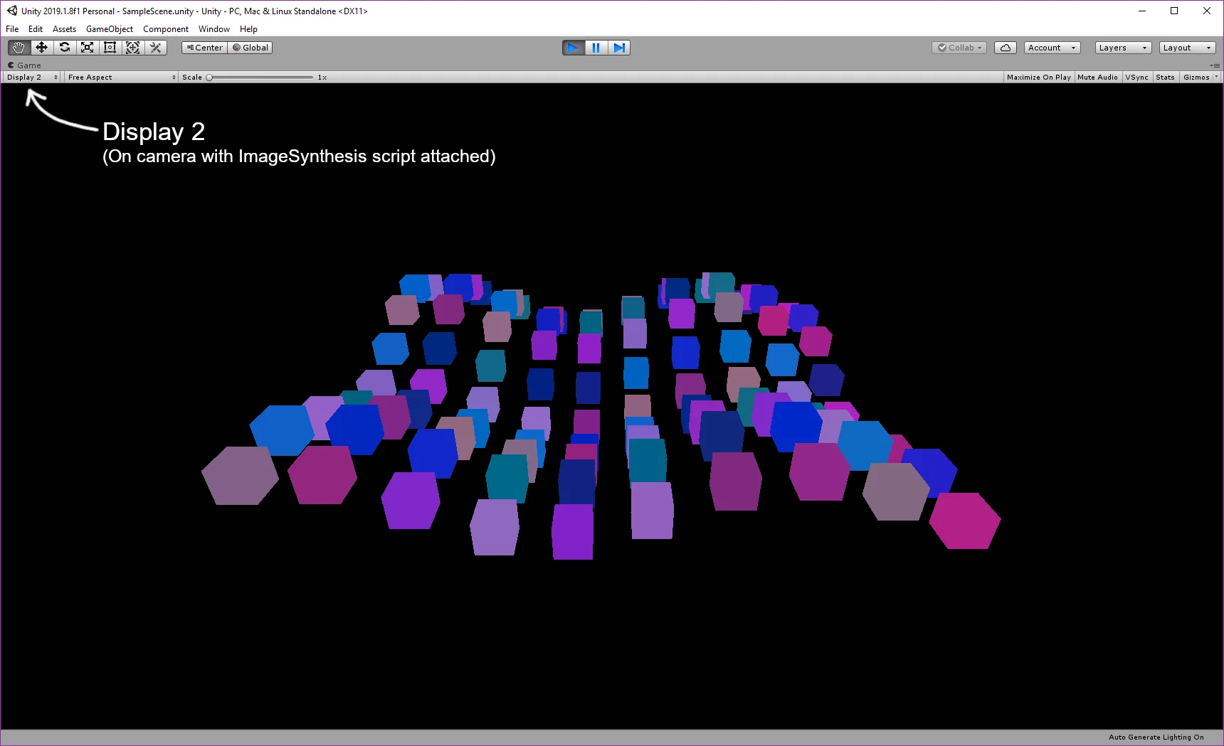 Simulated object segmentation image in Unity. Each object id has its own unique color.