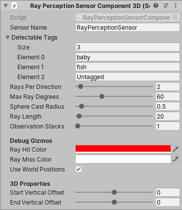 A sample RayPerceptionSensorComponent3D from the Penguin tutorial.