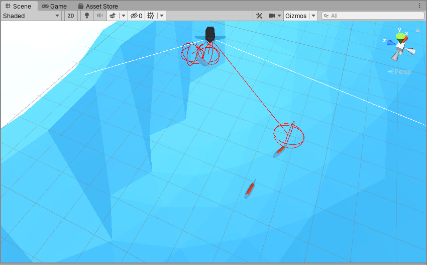 A Penguin with a RayPerceptionSensorComponent3D. It is using 5 spherecasts to detect the orange fish in the water.