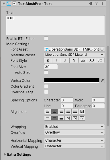 TextMeshPro settings in the Inspector