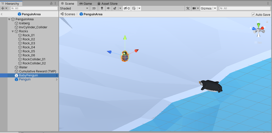 The PenguinArea (in the Prefab editor) with BabyPenguin and Penguin Prefabs added