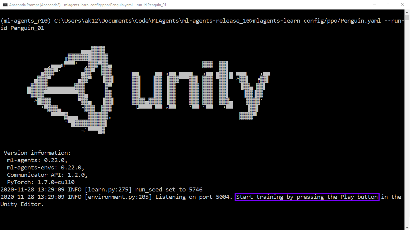 Anaconda prompt window: mlagents-learn is waiting for you to press the Play button