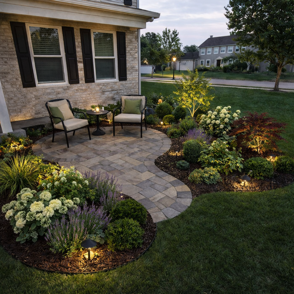 A cozy backyard patio with two cushioned chairs, a small round table, and landscaped garden with flowers and small trees illuminated by outdoor lights, at dusk.