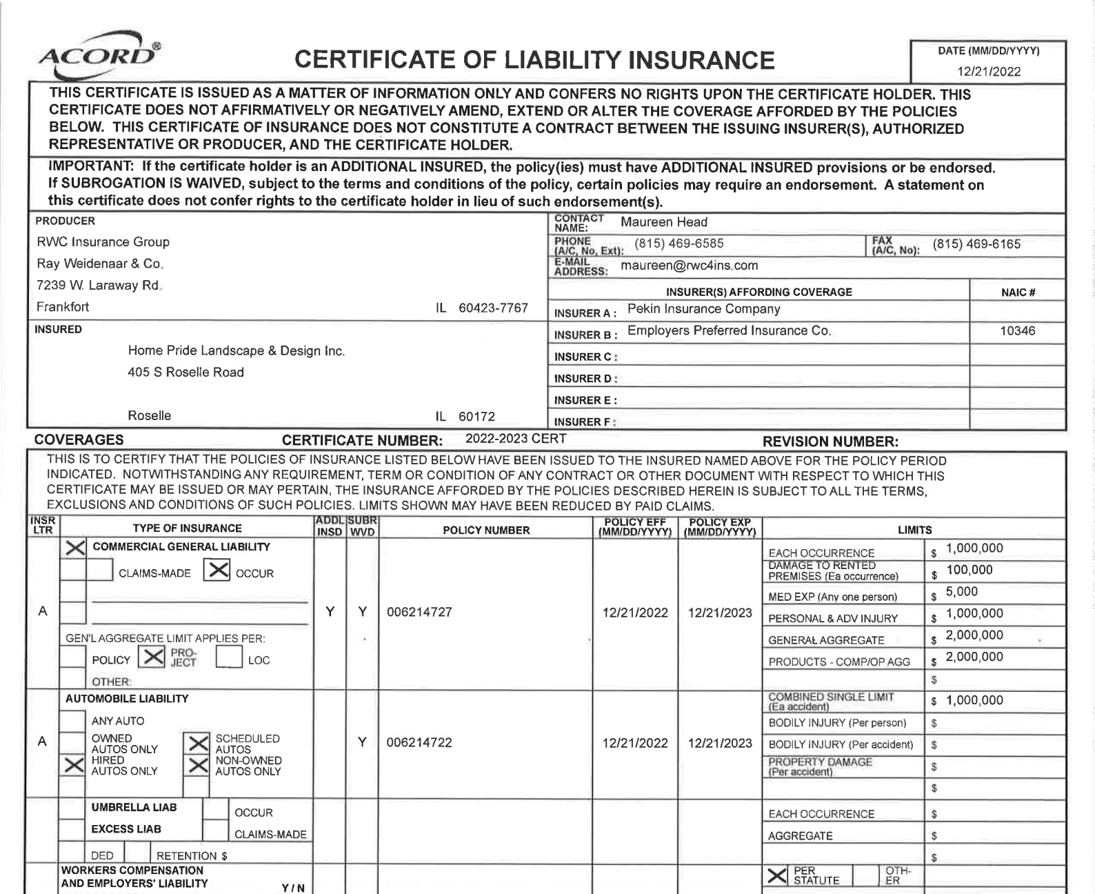 Home Pride Landscape and Design certificate of liability insurance