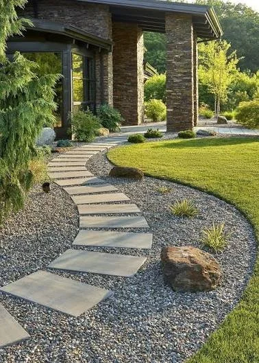 Decorative landscape stone installed around a curved residential walkway