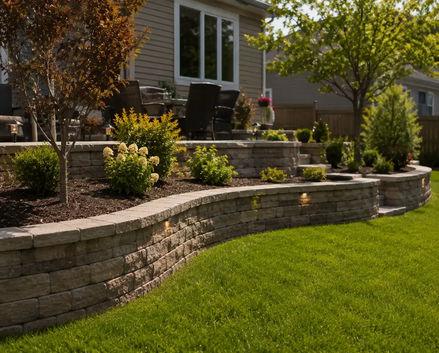 Segmental retaining wall bordering a residential landscape bed