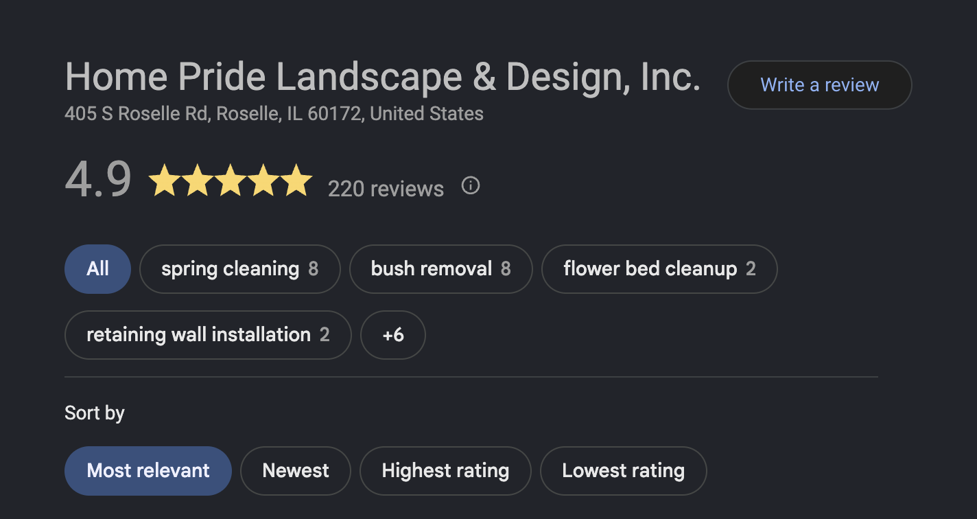 Screenshot of Home Pride Landscape & Design's online reviews page showing a 4.8-star rating based on 133 reviews, with review filters and sample customer reviews visible.
