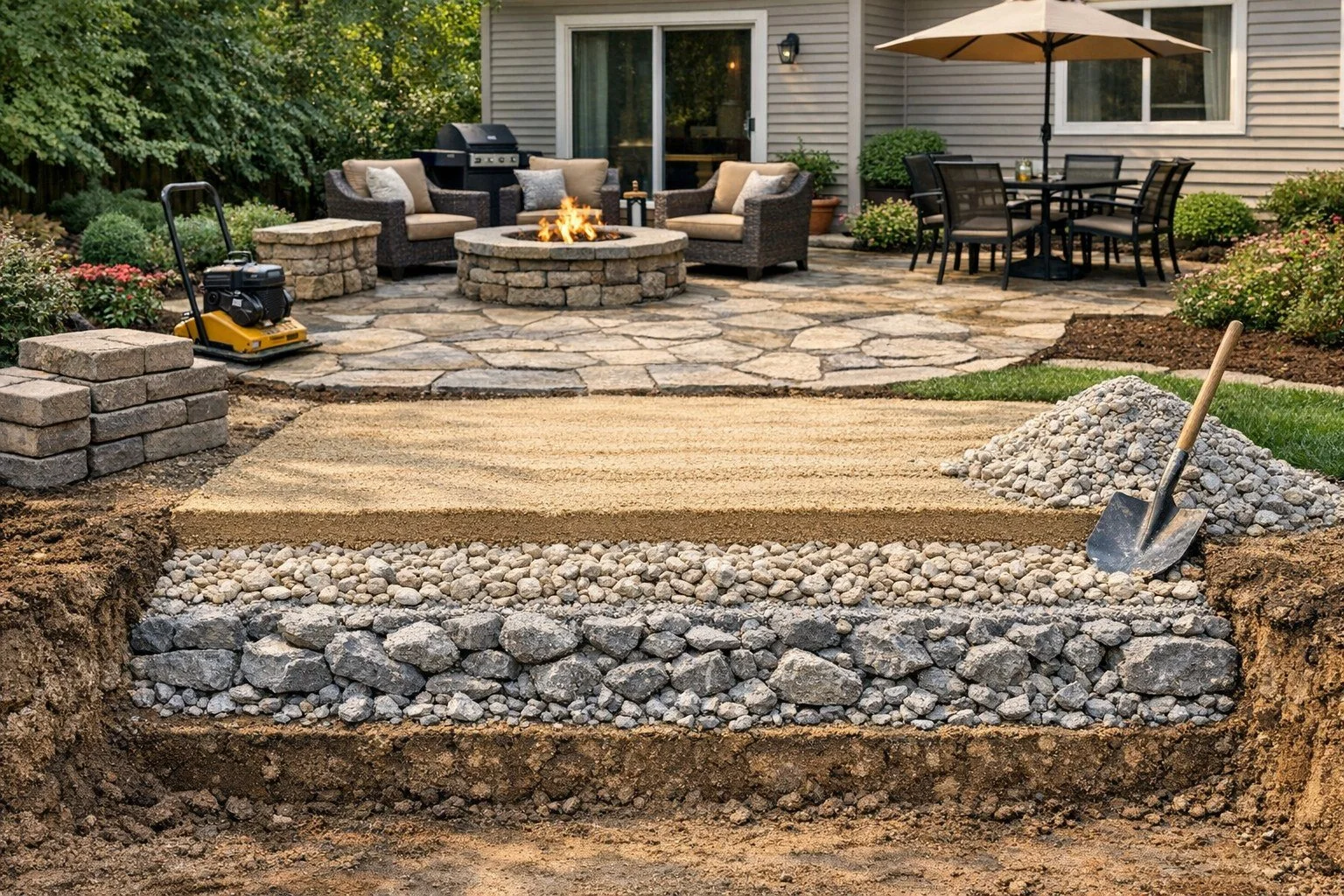 Compacted stone base being prepared for a residential concrete installation
