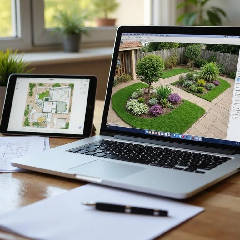 Laptop and tablet displaying a garden landscape design on a workspace with a pen and papers.