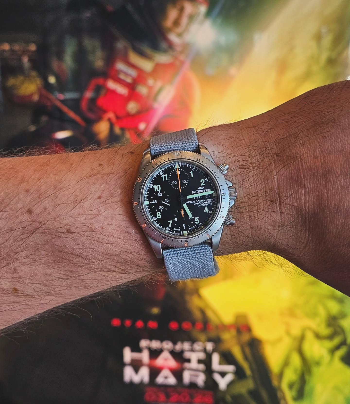 As is tradition: The Fortis Cosmo Chrono hitched a ride with me to see Mr. Gosling return to space once again- this time not as Neil Armstrong, but as one of my favorite characters from the writing brilliance of Andy Weir: Ryland Grace. And I was not