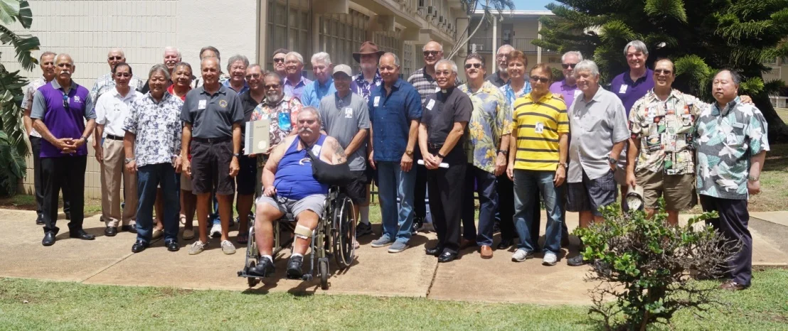 Members of Damien Memorial’s Class of 1966, ready to embark on a golden weekend celebrating the 50th anniversary of their graduation. Mahalo to the “Pioneer Class!”