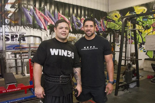 Partner Akiona '03, left, with his trainer, Kepa Gaison (Photo appeared in the Honolulu Star-Advertiser, January 12, 2016)