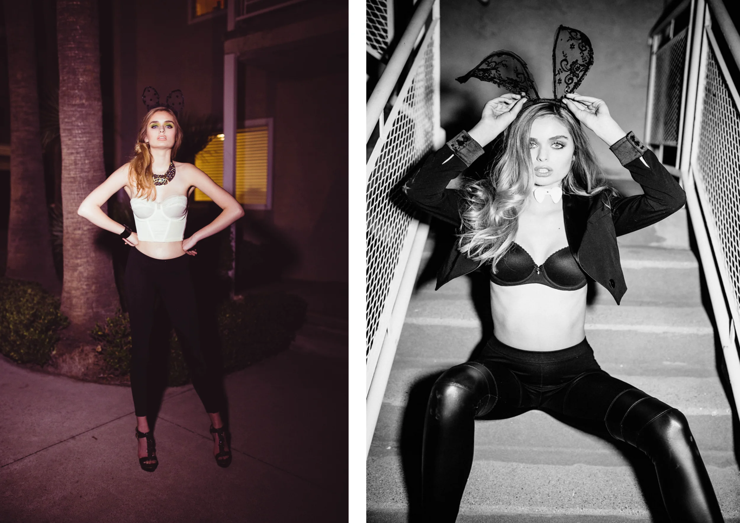 Left: Top: Vintage Leggings: Tag Shoes: Steve Madden Right: Jacket: Reverse Leggings: Tag