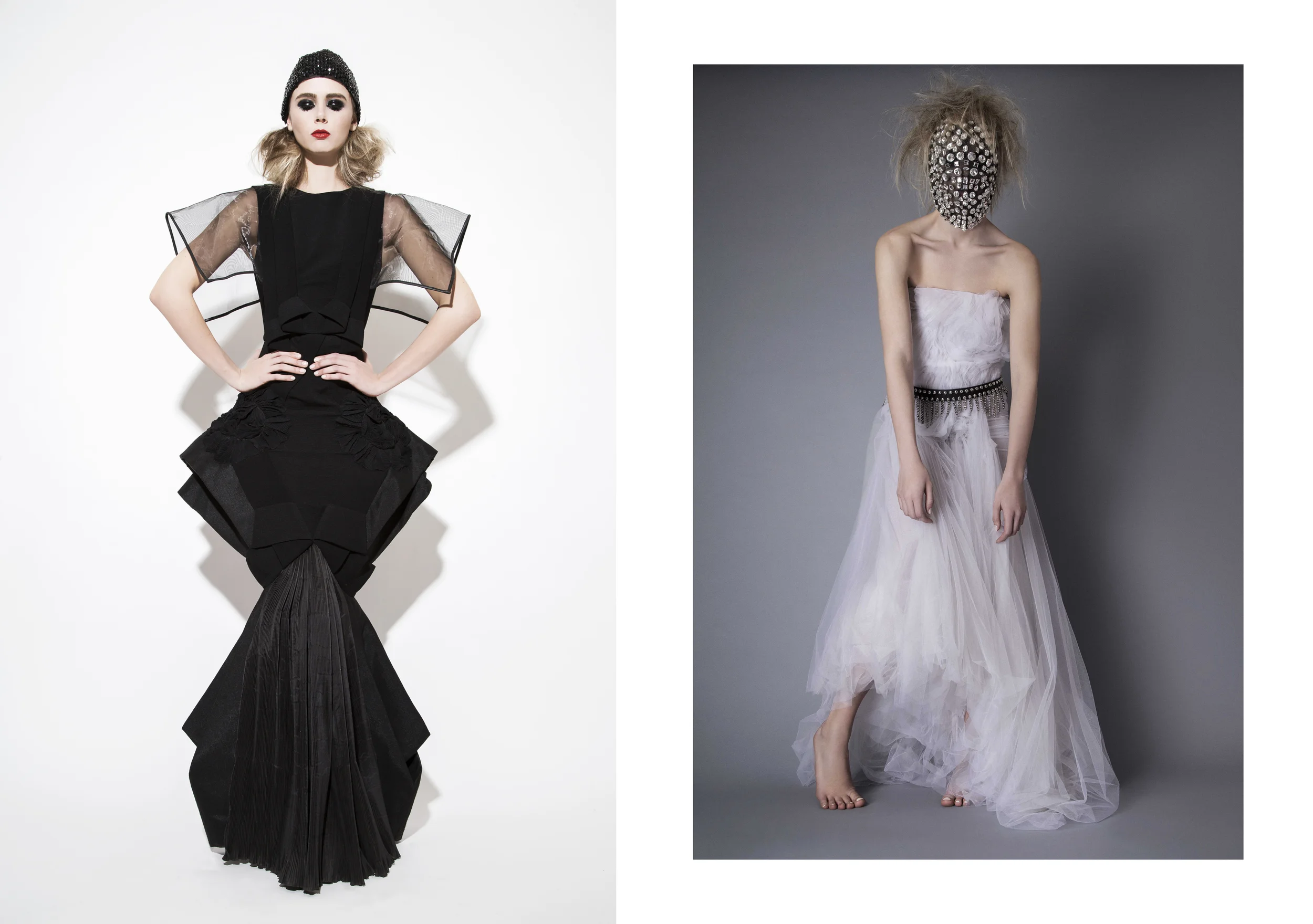 Left - Dress : Alpana Neeraj / Headpiece : Cutting Edge Archives Right - Dress : Jad Ghandour / Headpiece : Cutting Edge Archives