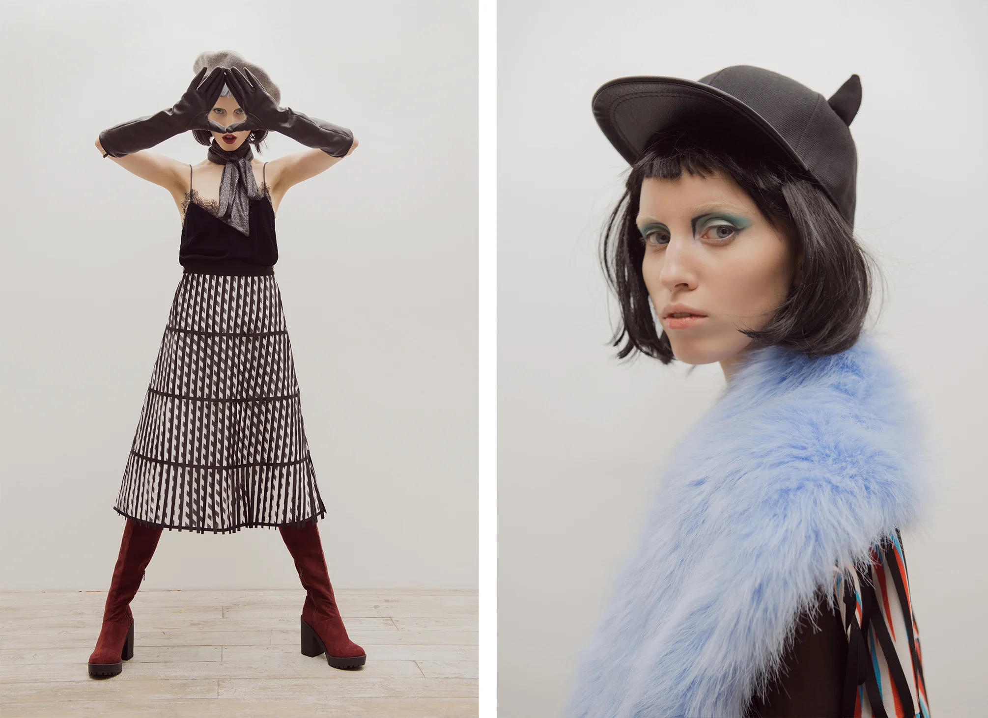 Left: Top & Gloves // Zara Boots // H&M Scarf & Hat // Zara Skirt // Alisa Kuzembaeva Right: Snapback // H&M Vest // Alisa Kuzembaeva Fur Collar // ASOS Bodysuit // Oysho