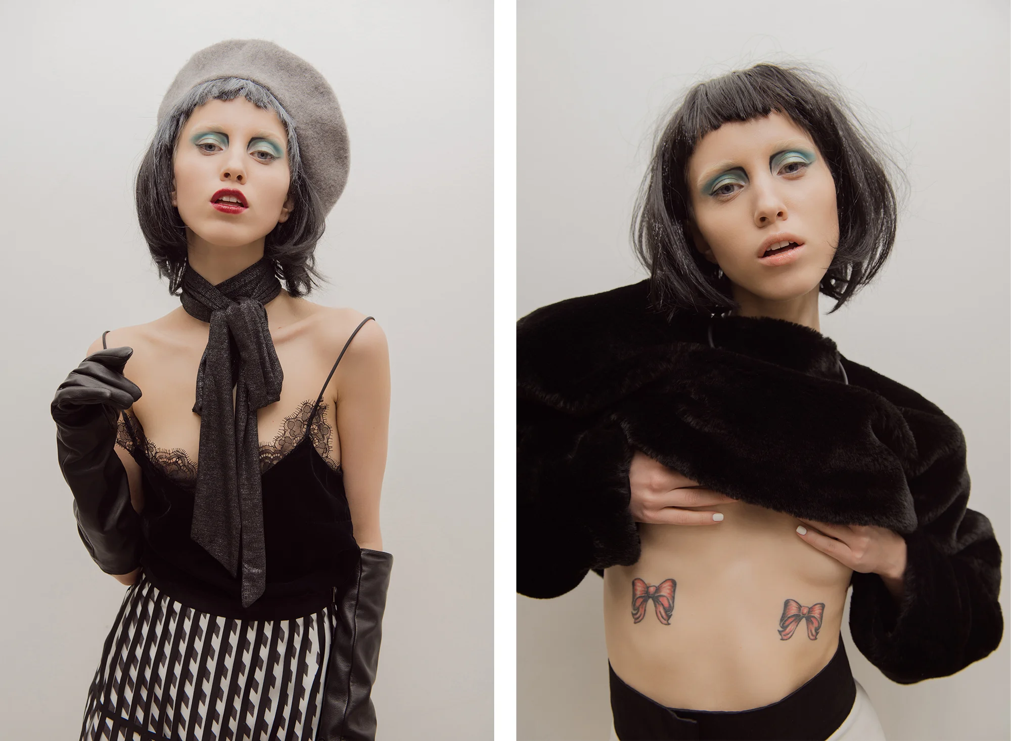 Left: Top & Gloves // Zara Boots // H&M Scarf & Hat // Zara Skirt // Alisa Kuzembaeva Right: Fur Coat // Alisa Kuzembaeva Necklace // H&M Trousers // Alisa Kuzembaeva