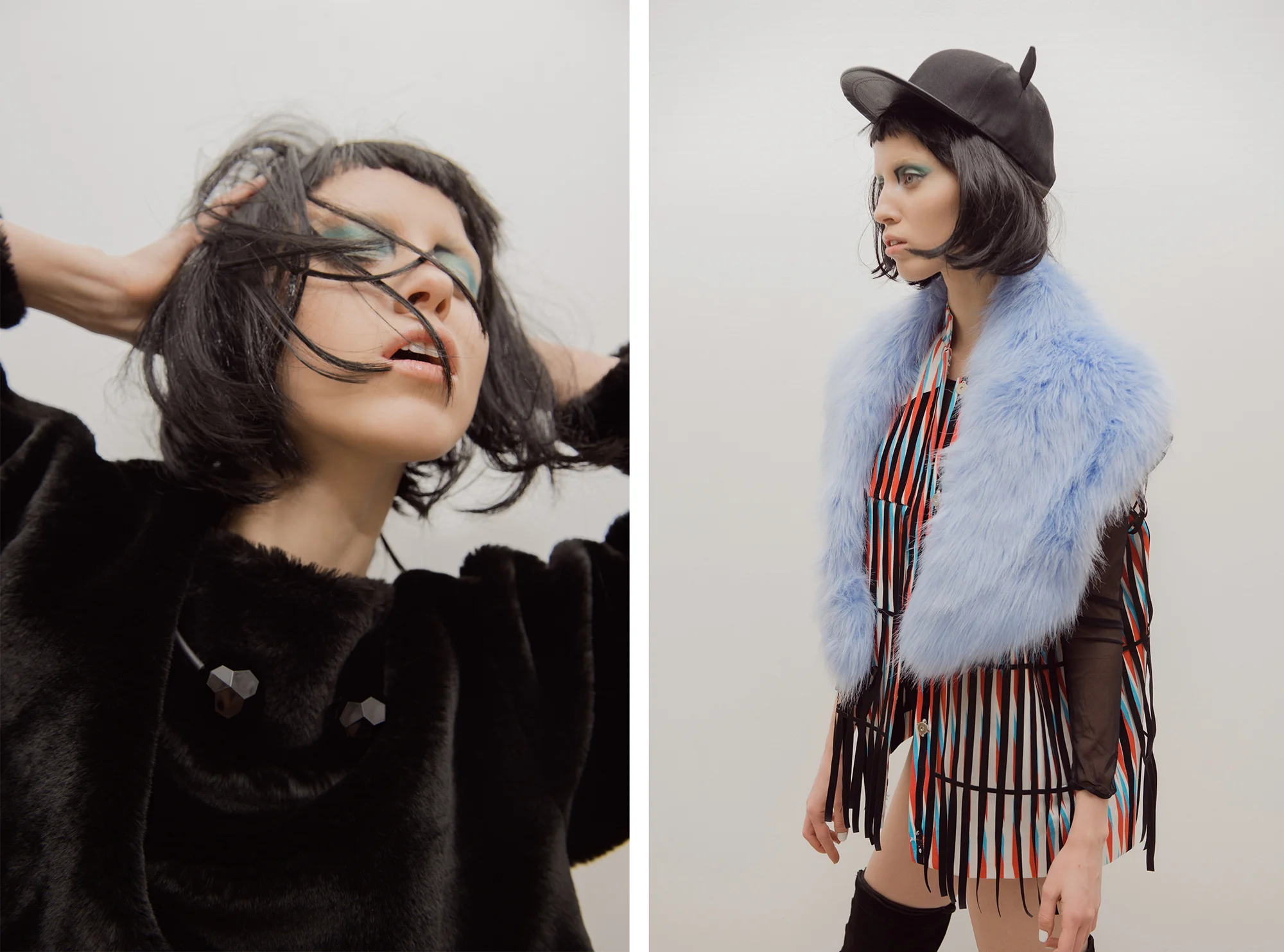 Left: Fur Coat // Alisa Kuzembaeva Necklace // H&M Right: Snapback // H&M Vest // Alisa Kuzembaeva Fur Collar // ASOS Bodysuit // Oysho Boots // H&M
