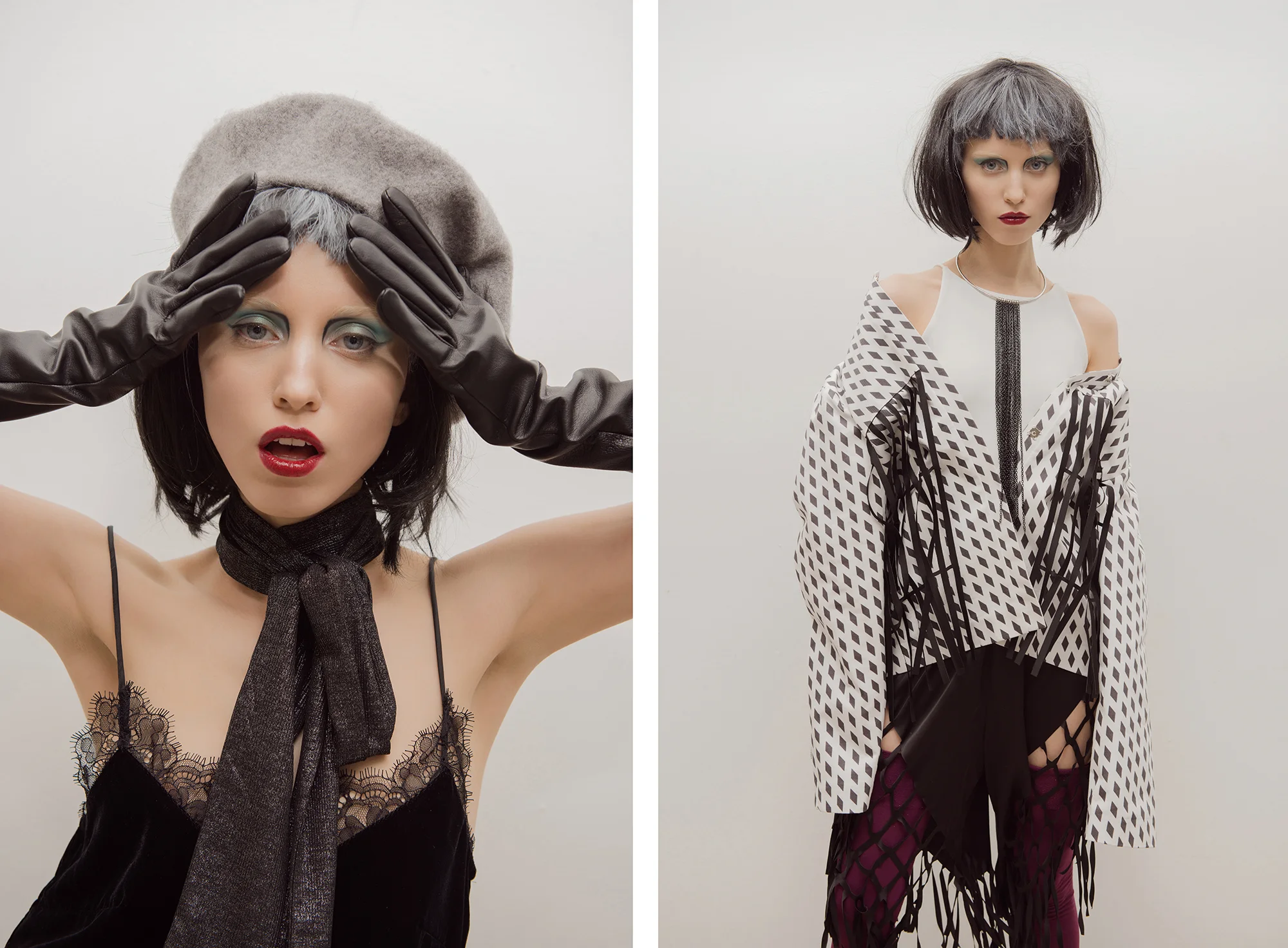 Left: Top & Gloves // Zara Boots // H&M Scarf & Hat // Zara Skirt // Alisa Kuzembaeva Right: Top // Zara Jacket // Alisa Kuzembaeva Necklace // H&M Shorts // Alisa Kuzembaeva Shoes // Monki
