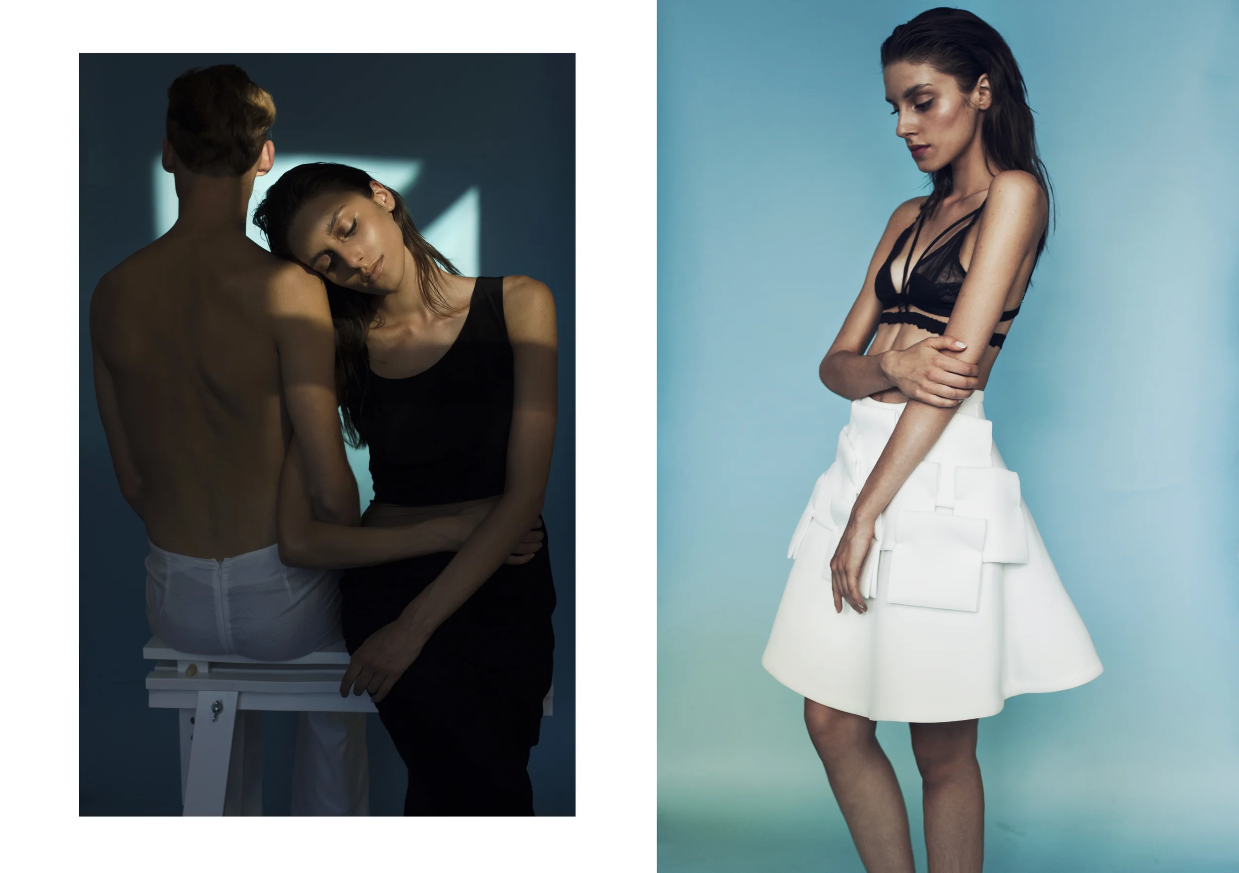 White Pants: Agnieszka Kopek / Dress: Maya Baczynska / Black Bra: Agnieszka Kopek / White Skirt: Maya Baczynska