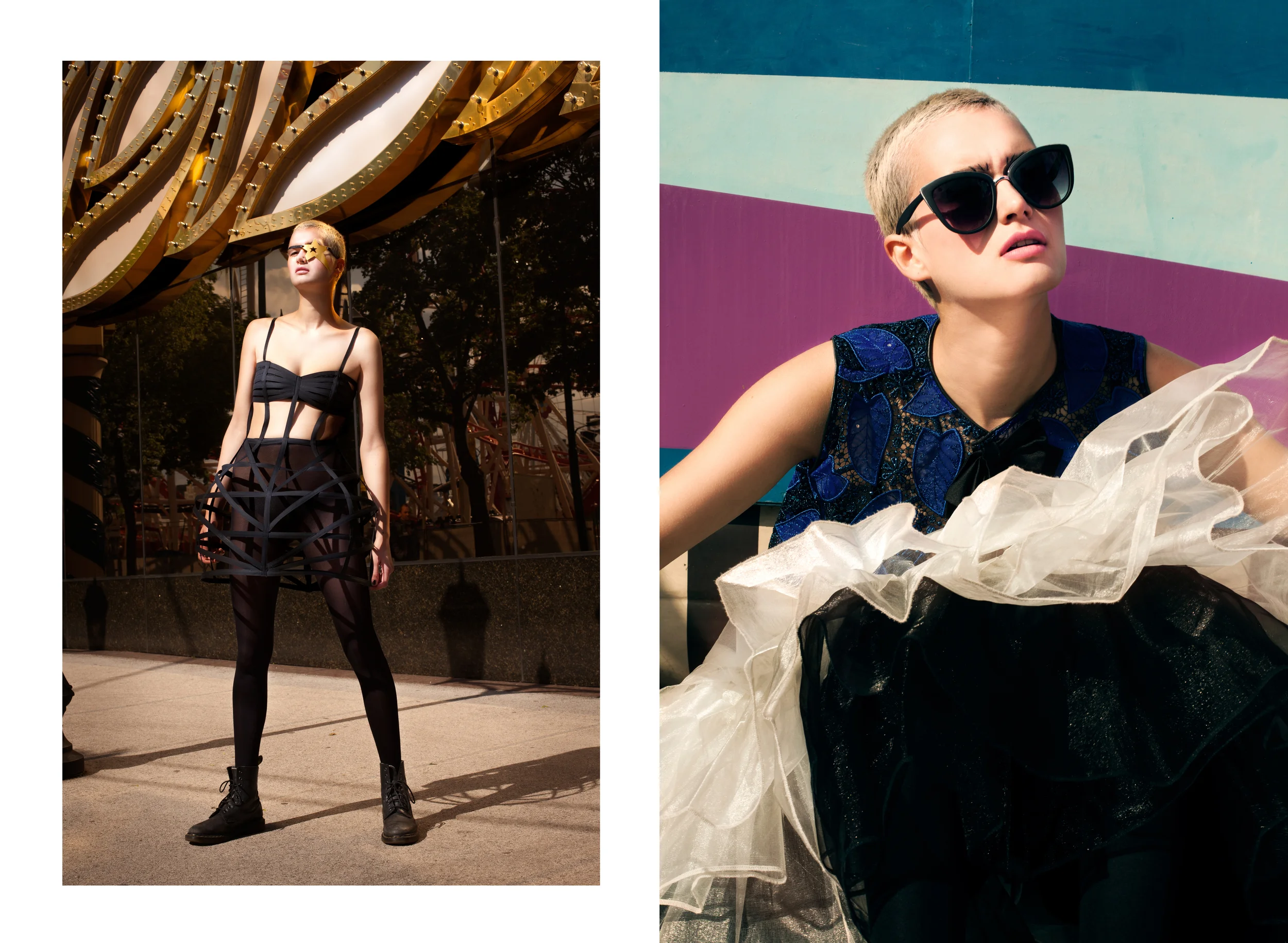 Left / Corsage : Ségol éne De Witt / Tights: Wolford / Eyepatch : AND_I Top : Maiken K / Petticoat : Irina Hofer / Sunglasses : Dior