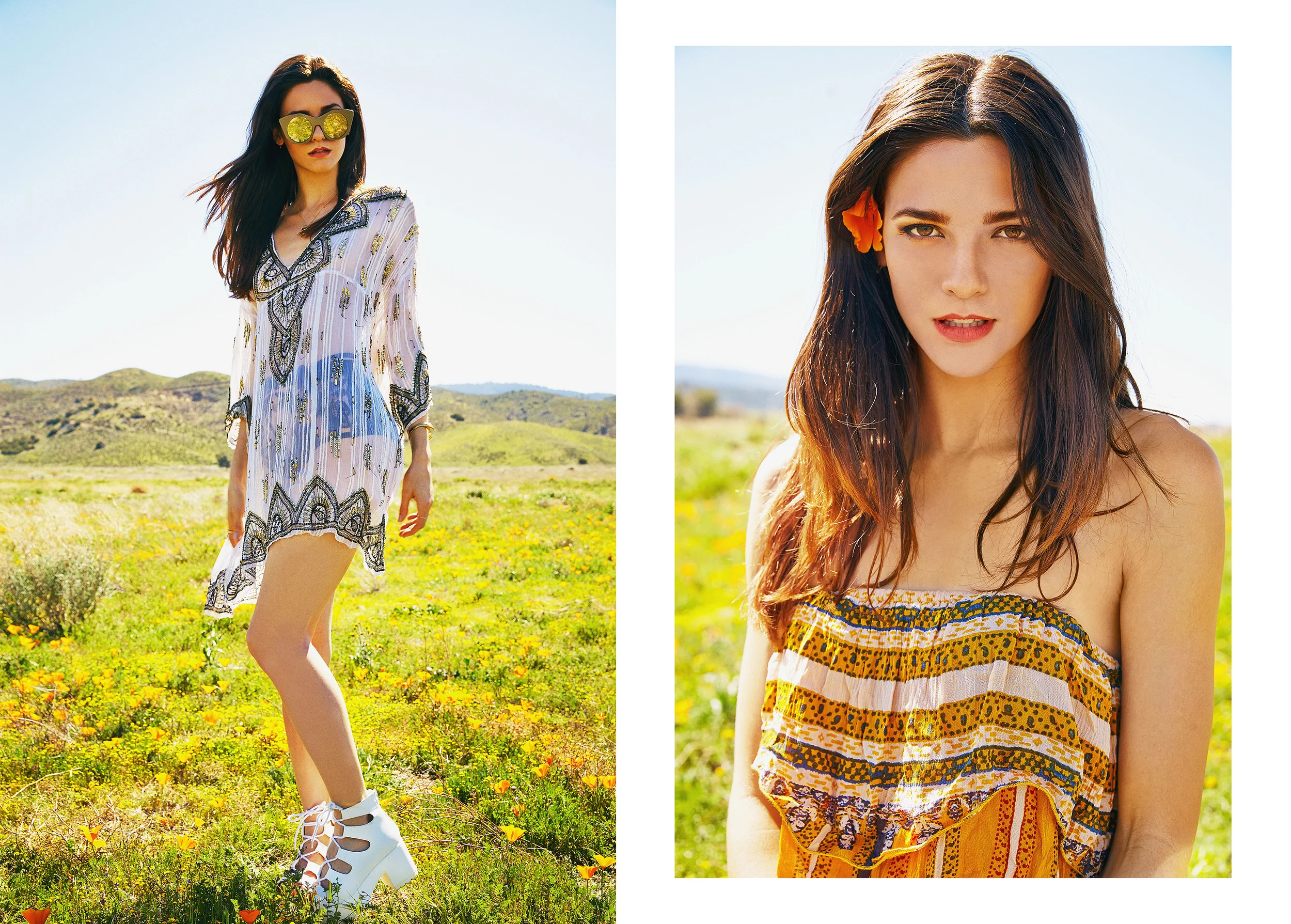 Left / Tunic: Free People / Lingerie: For Love and Lemons / Cuff: Verameat / Sunglasses: Socotra Shoes: SpyLoveBuy Right / Jumpsuit: Free People