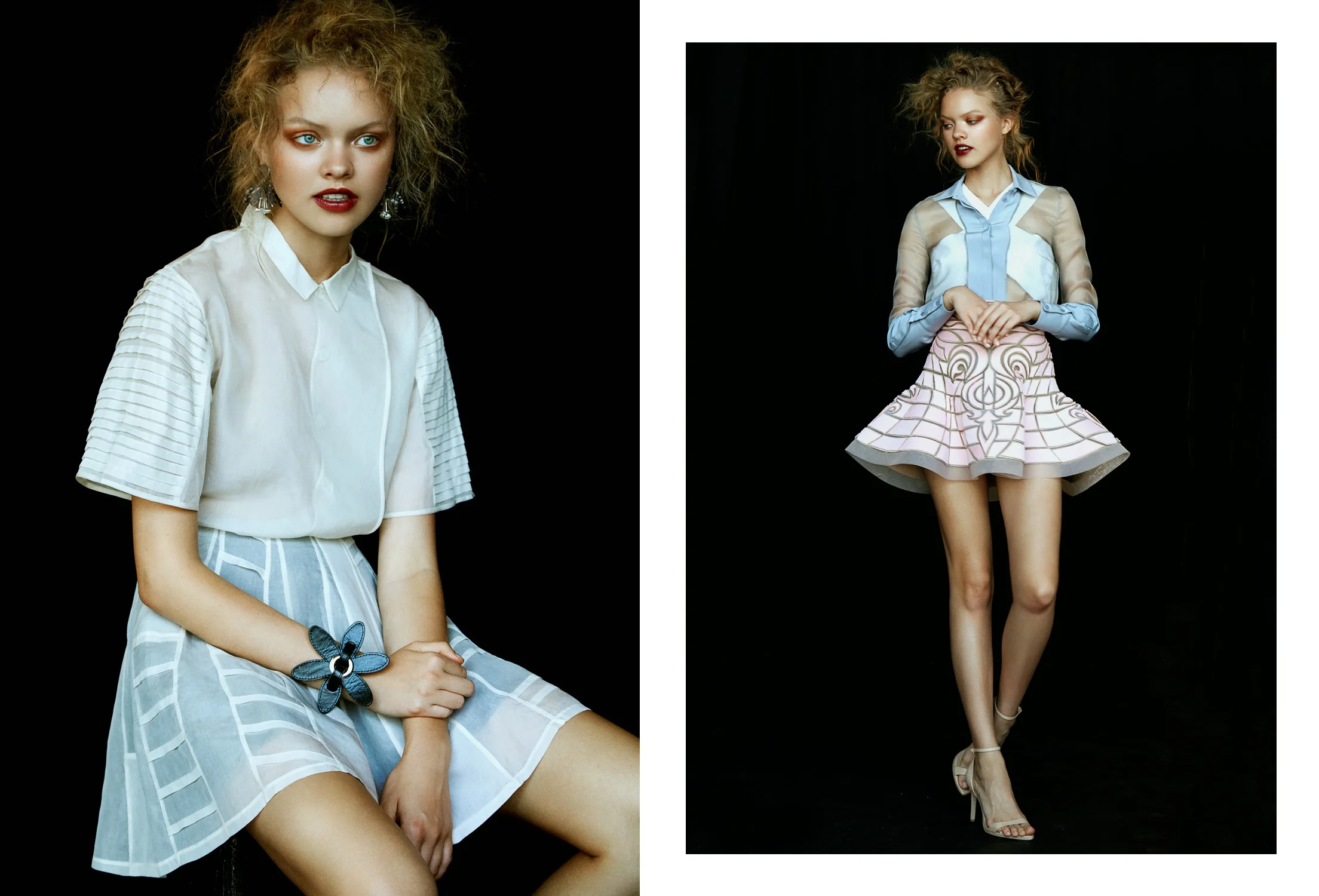 Left // Top & Skirt : Quin / Earrings : Topshop / Bracelet : Zana Bayne Right // Top : Michael Maven / Shirt : Milo Maria / Skirt : Nicolas Jebran
