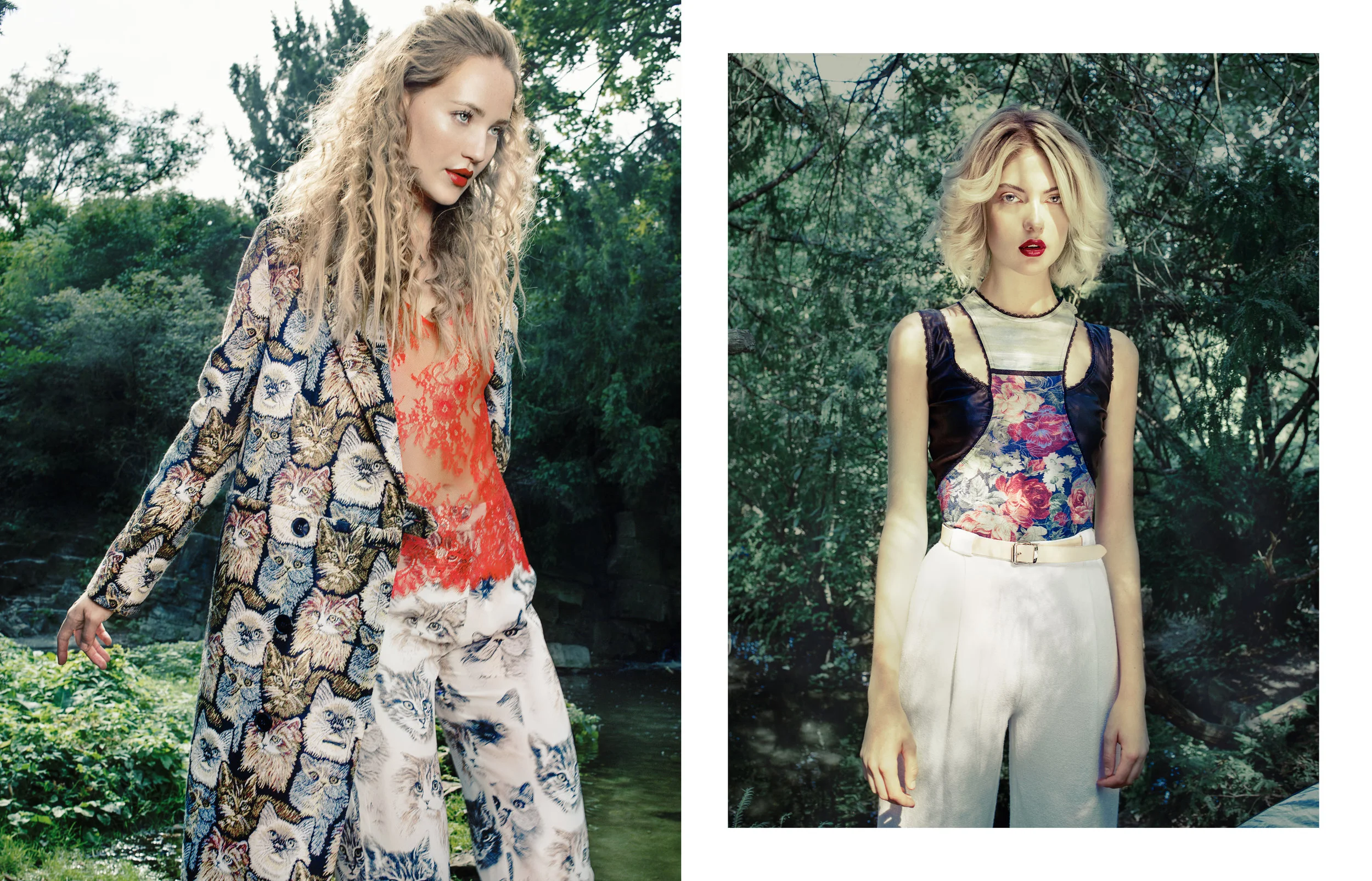 L eft / Coat & Jumper : Stella McCartney / L ace Top : H&M Top : Rebekka Ruetz / Trousers & Belt : Marina Hoermanseder
