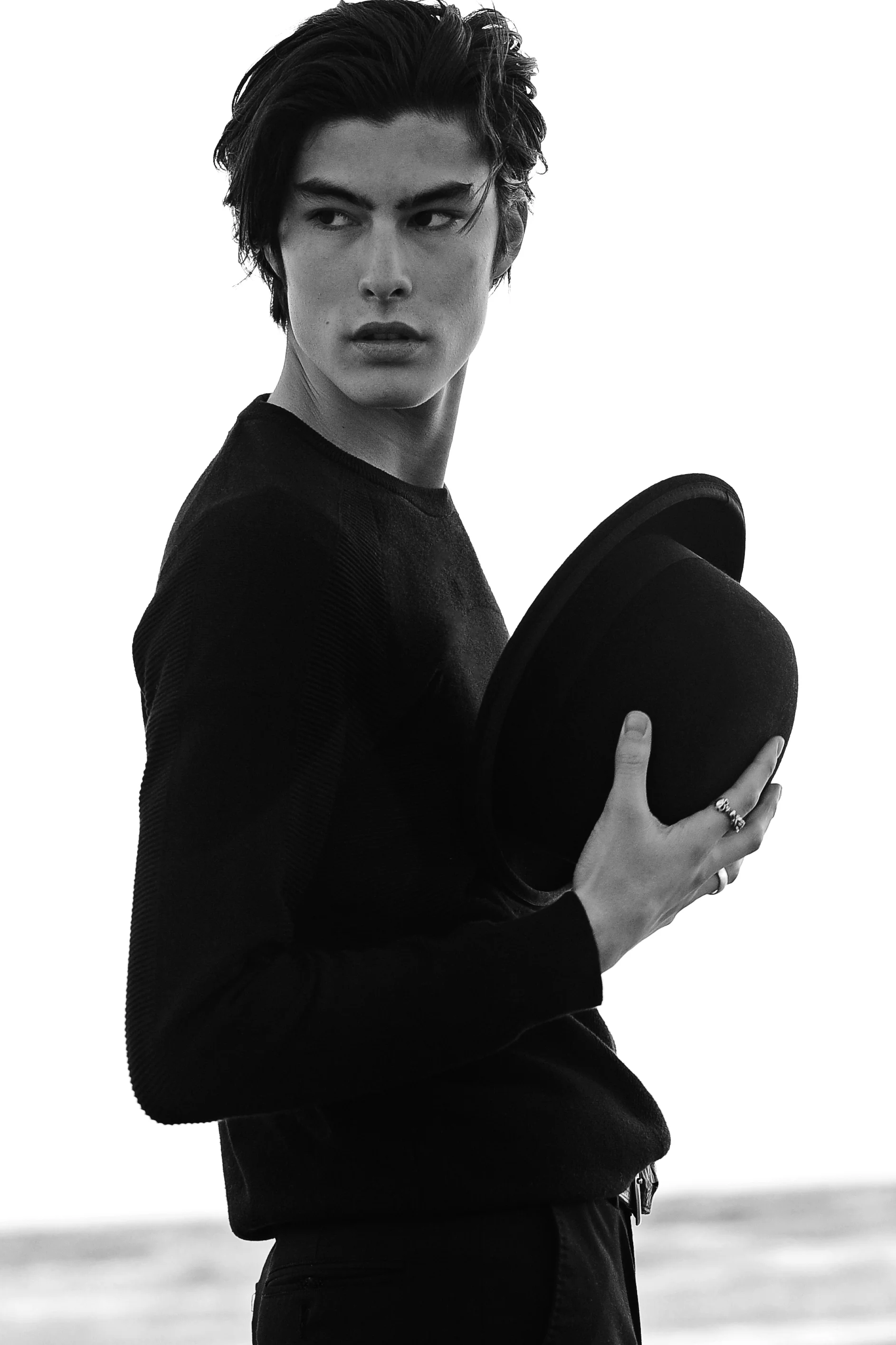 Top: H&M / Rings: Vintage / Hat: Jacobson / Pants: Alexander McQueen