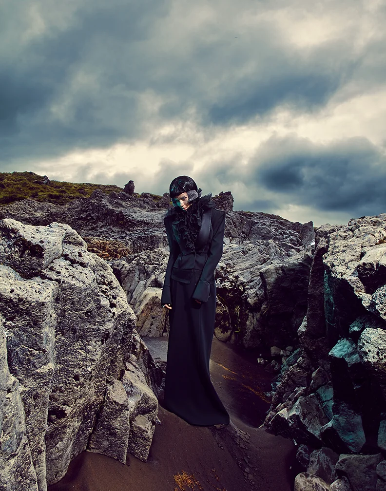 Jacket: Saint Laurent / High Collar Ruffle Blouse: Vintage Yves Saint Laurent / Skirt: Mugler / Smoky Tulle Eye Veil: Leah C. Couture Millinery / Ring: RJ Graziano / Shoes: Saint Laurent