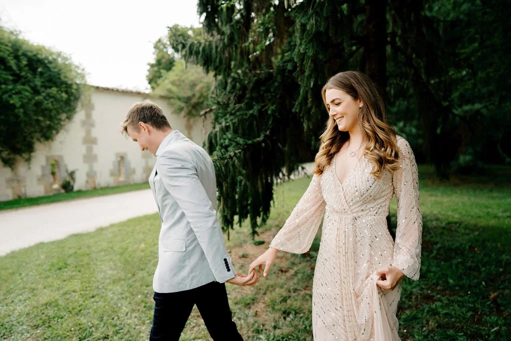 Couple at wedding walk towards their ceremony in the South of France