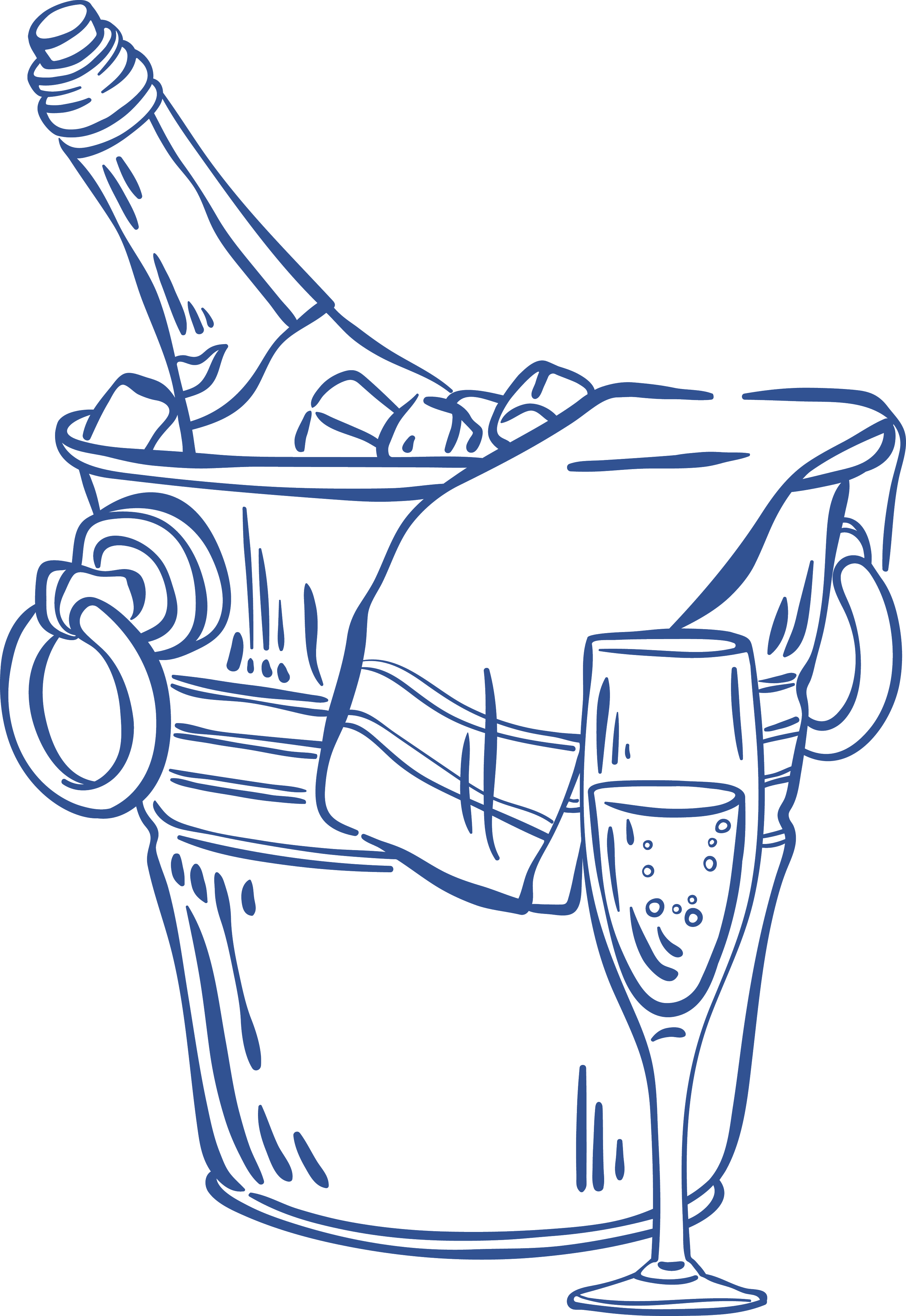 A line drawing of a champagne bottle in an ice bucket, a filled champagne flute, a napkin, and a bucket of ice with drinks inside.