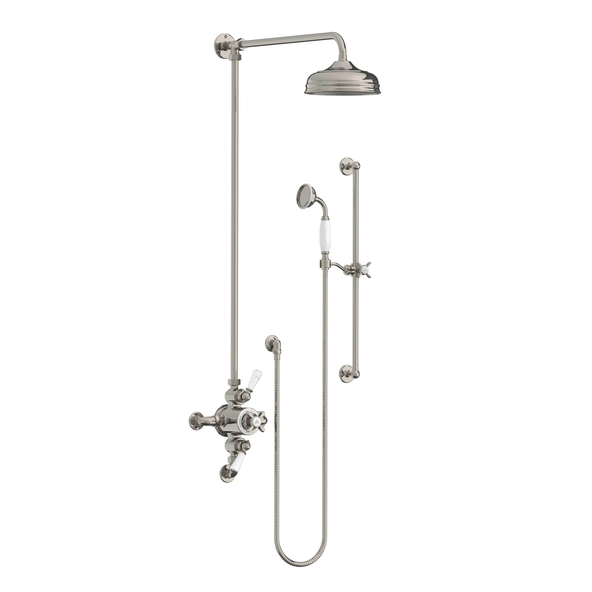 GD 8749   Classic dual control thermostatic valve with riser, 8" rose &amp; hand shower on sliding rail