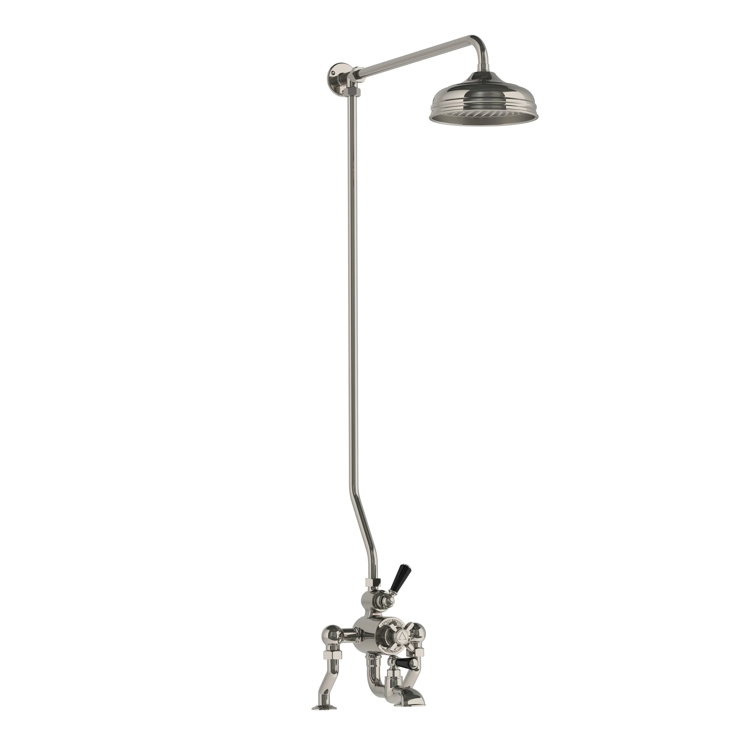 DM BL 8822   Classic black deck mounted thermostatic bath shower mixer with riser &amp; 8" rose