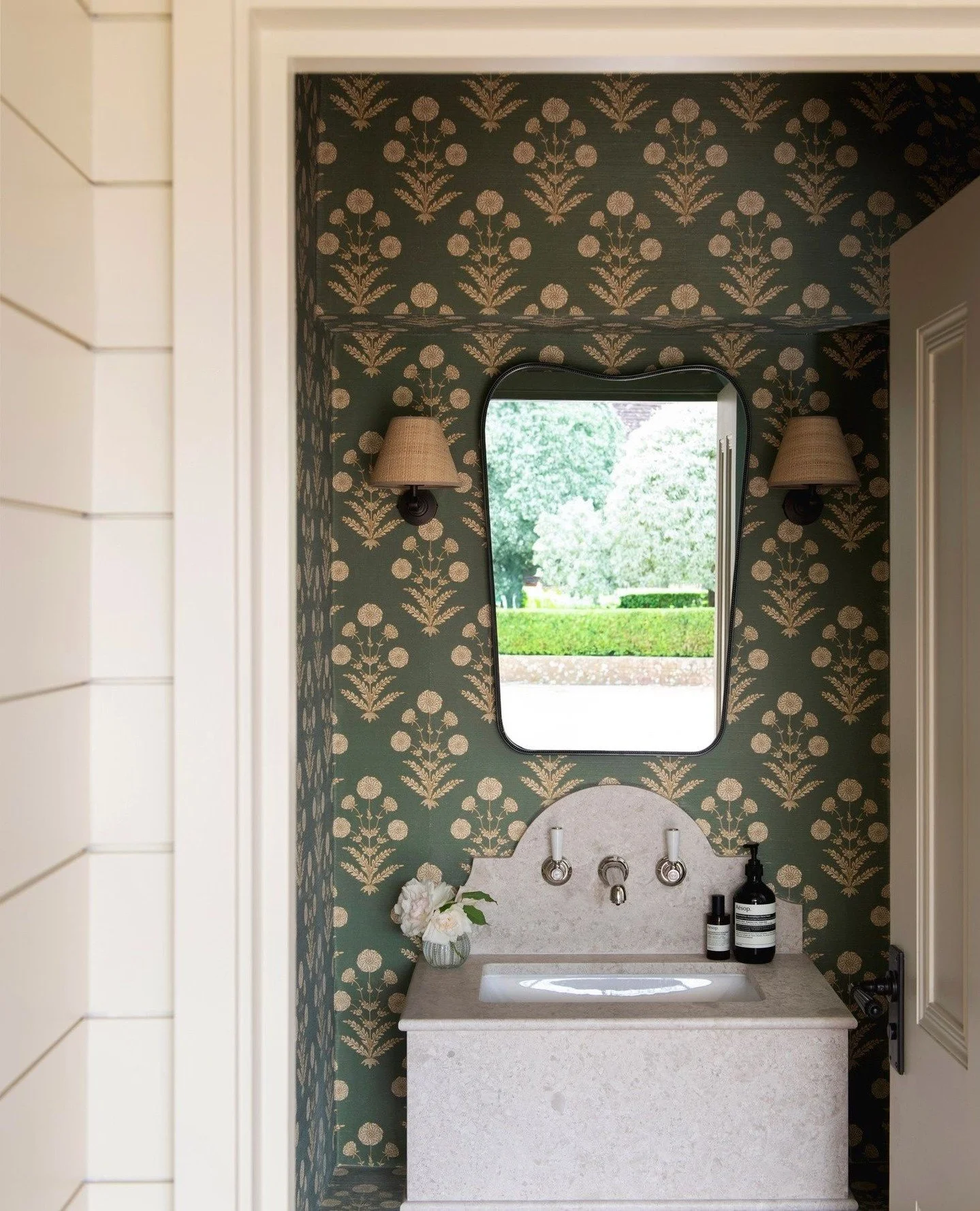 Green 'Alur' grasscloth wallpaper by @elizabetheakins_la is a delightful addition to this enchanting country house cloakroom by @alexandrayoung_design 
Featuring our Classic wall mounted basin mixer with white levers (WL 1212) in silver nickel fin
