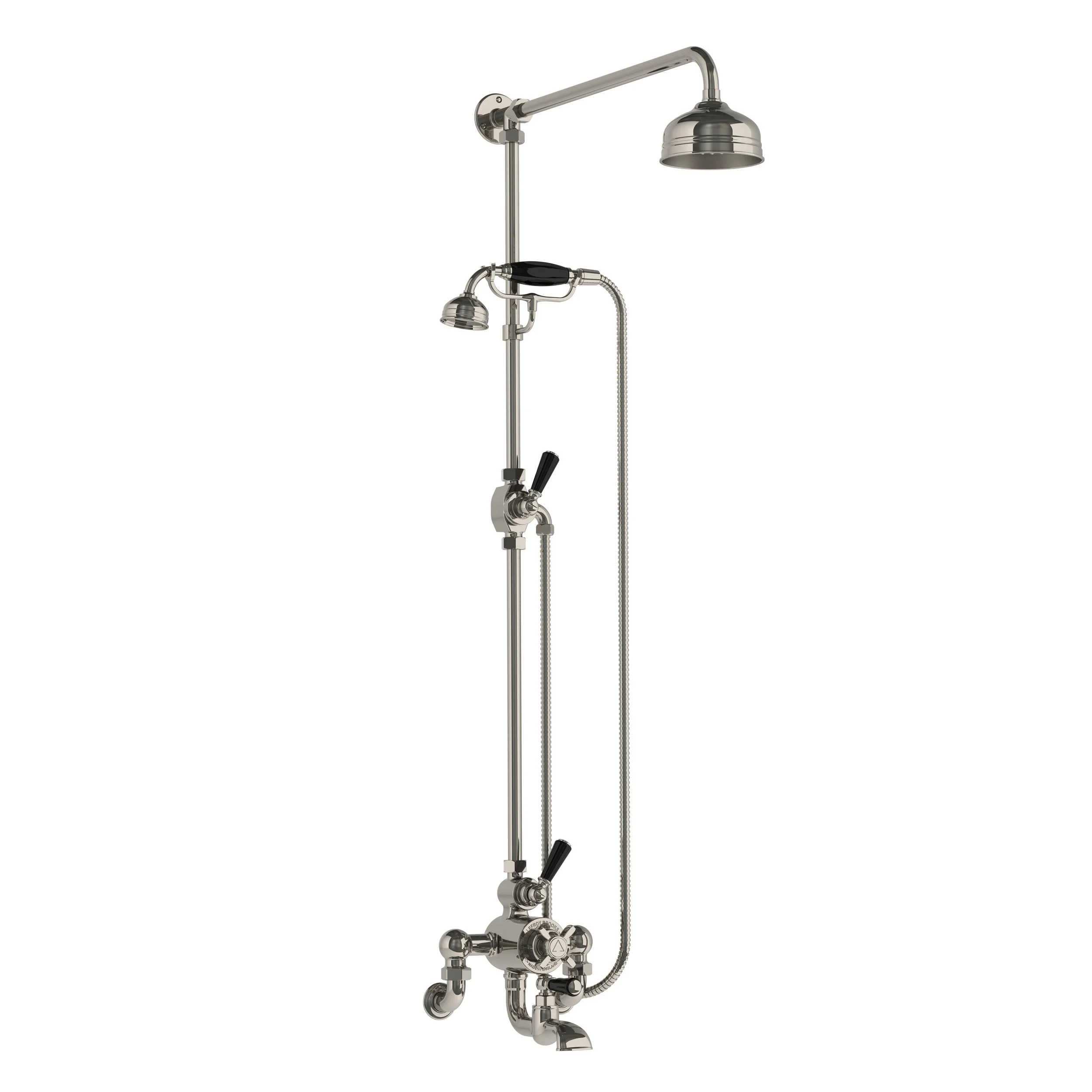 WM BL 8824   Classic black wall mounted thermostatic bath shower mixer with riser, hand shower &amp; 5" rose