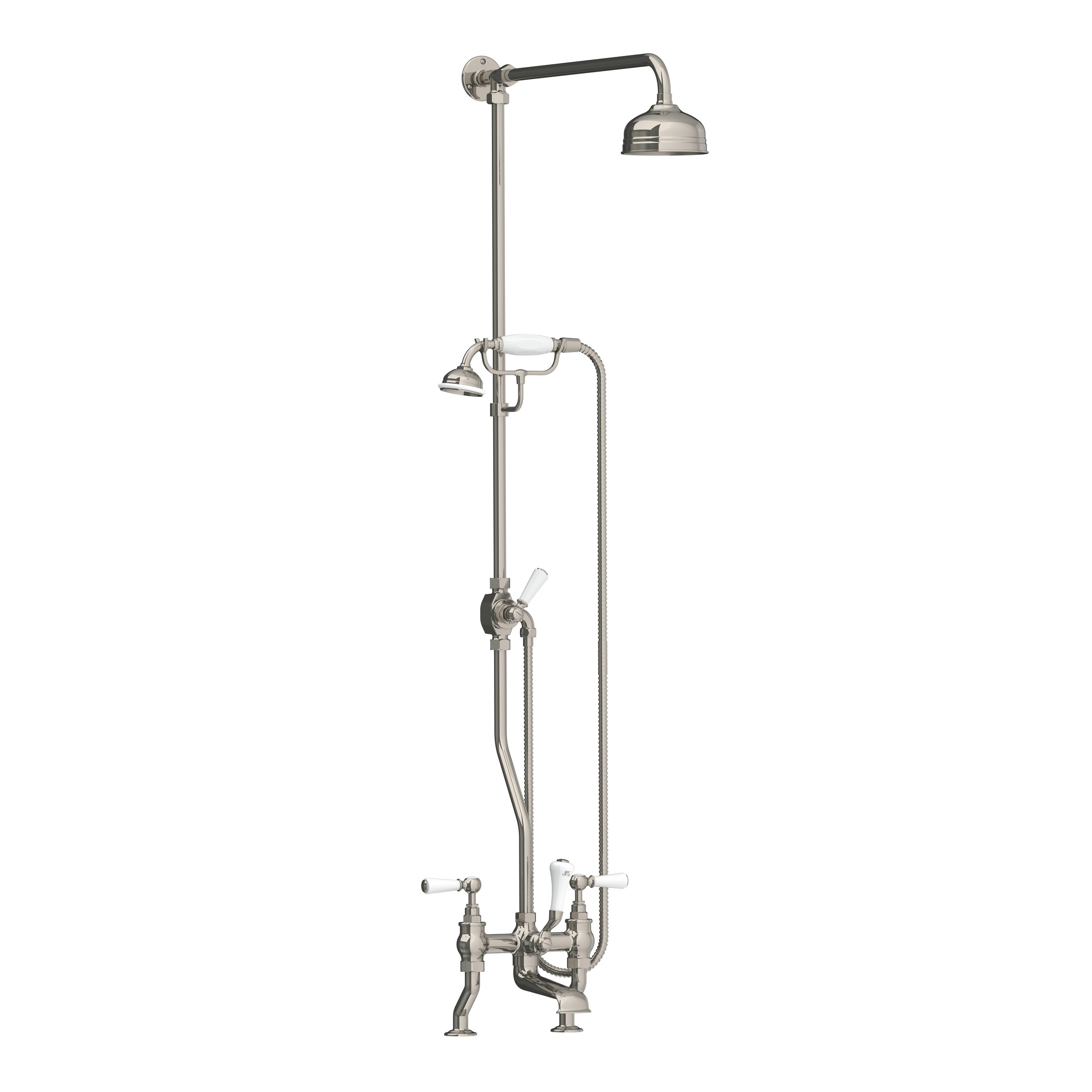 WL 1700   Classic deck mounted bath shower mixer with white levers, riser, hand shower &amp; 5" rose