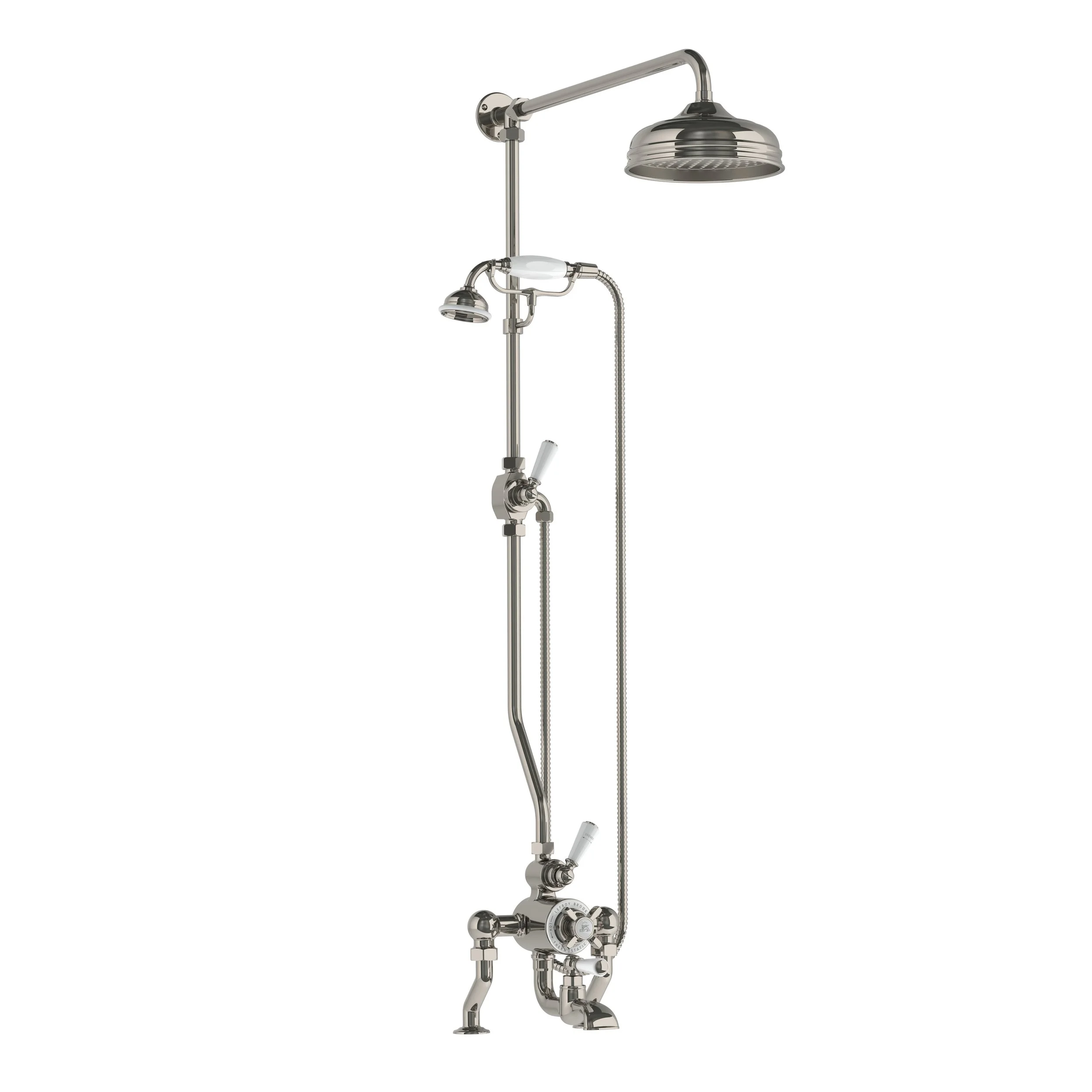 DM BL 8825   Classic black deck mounted thermostatic bath shower mixer with riser, hand shower &amp; 8" rose