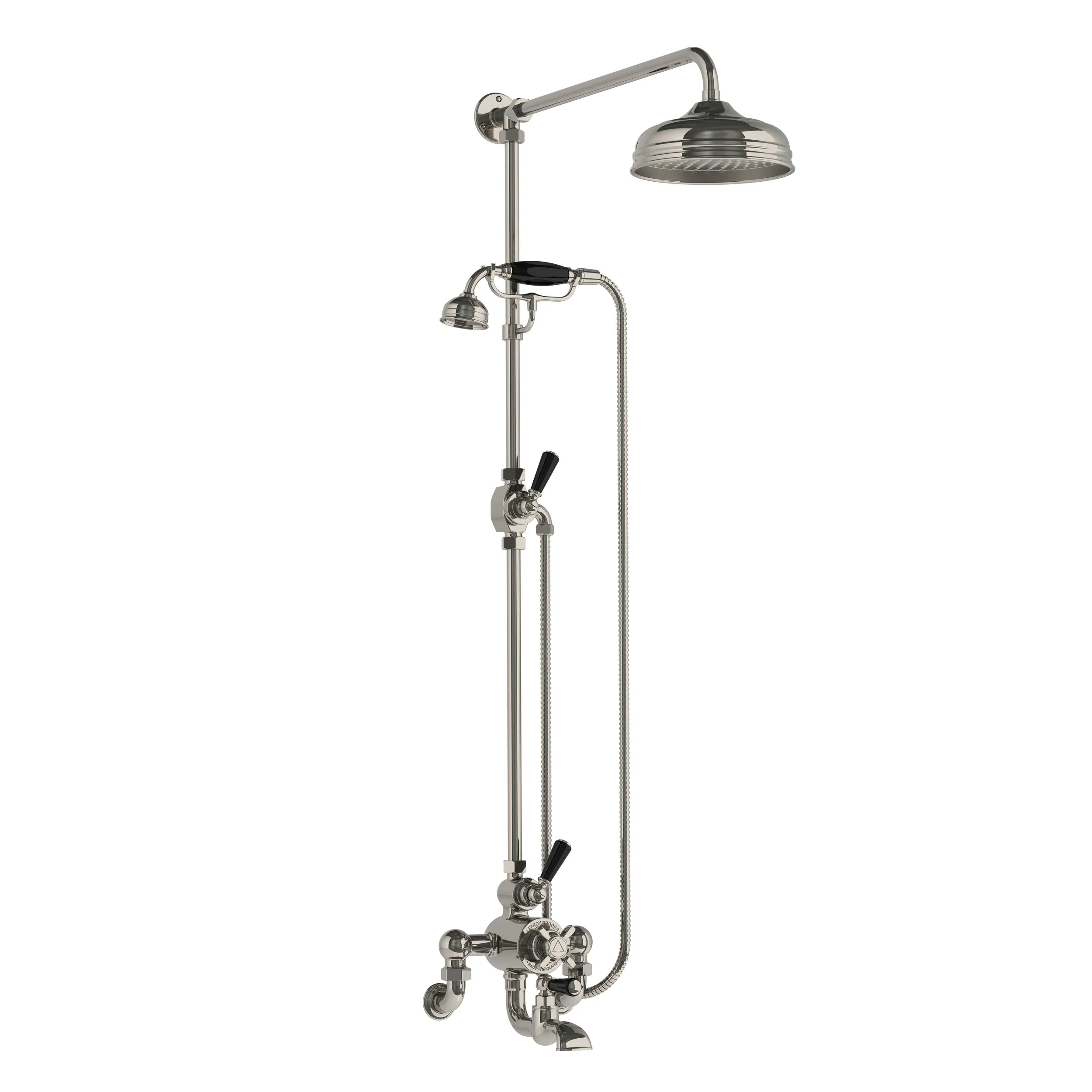 WM BL 8825   Classic black wall mounted thermostatic bath shower mixer with riser, hand shower &amp; 8" rose