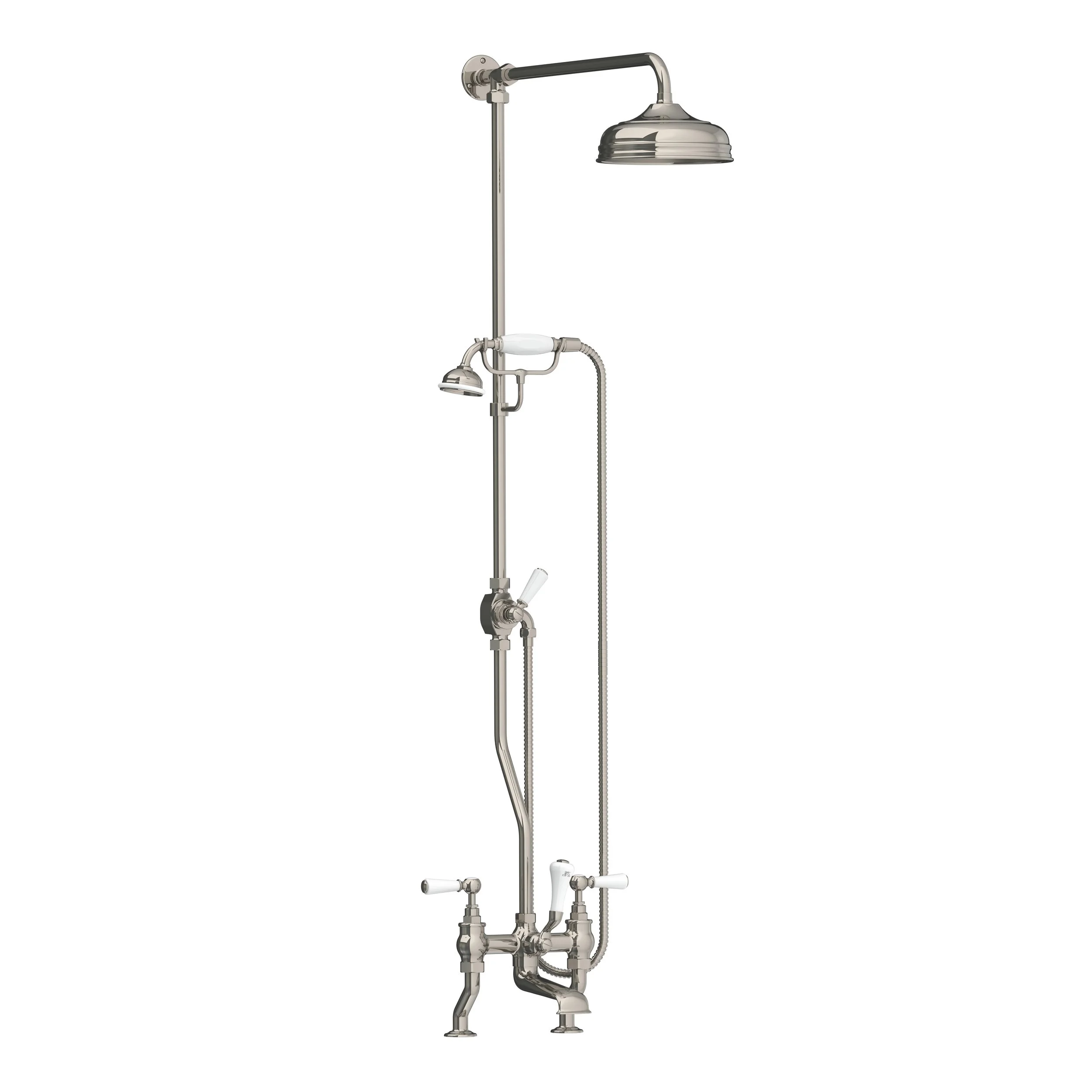 WL 1701   Classic deck mounted bath shower mixer with white levers, riser, hand shower &amp; 8" rose