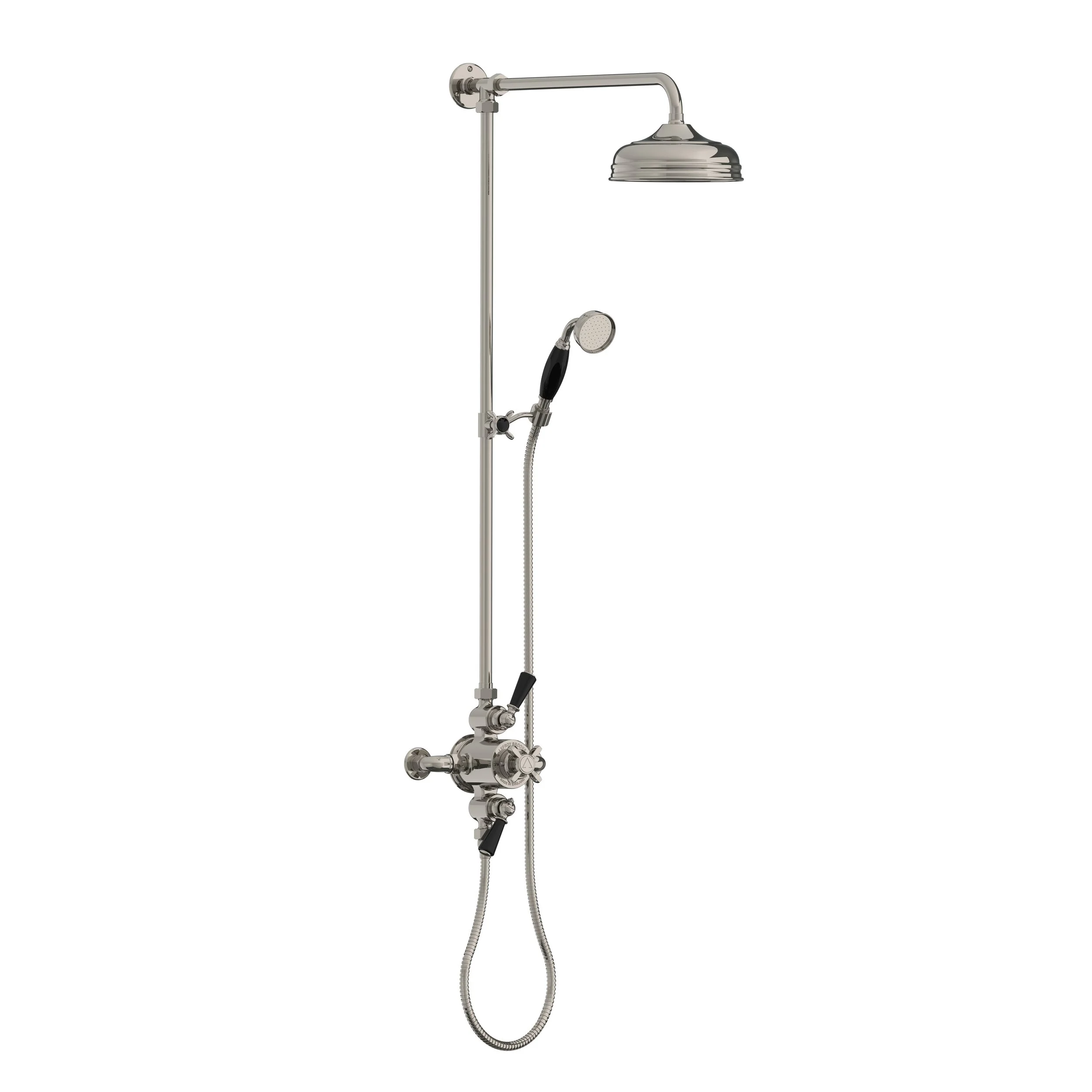 BL 8754   Classic black dual control thermostatic valve with riser, 8" rose & hand shower on sliding riser bracket