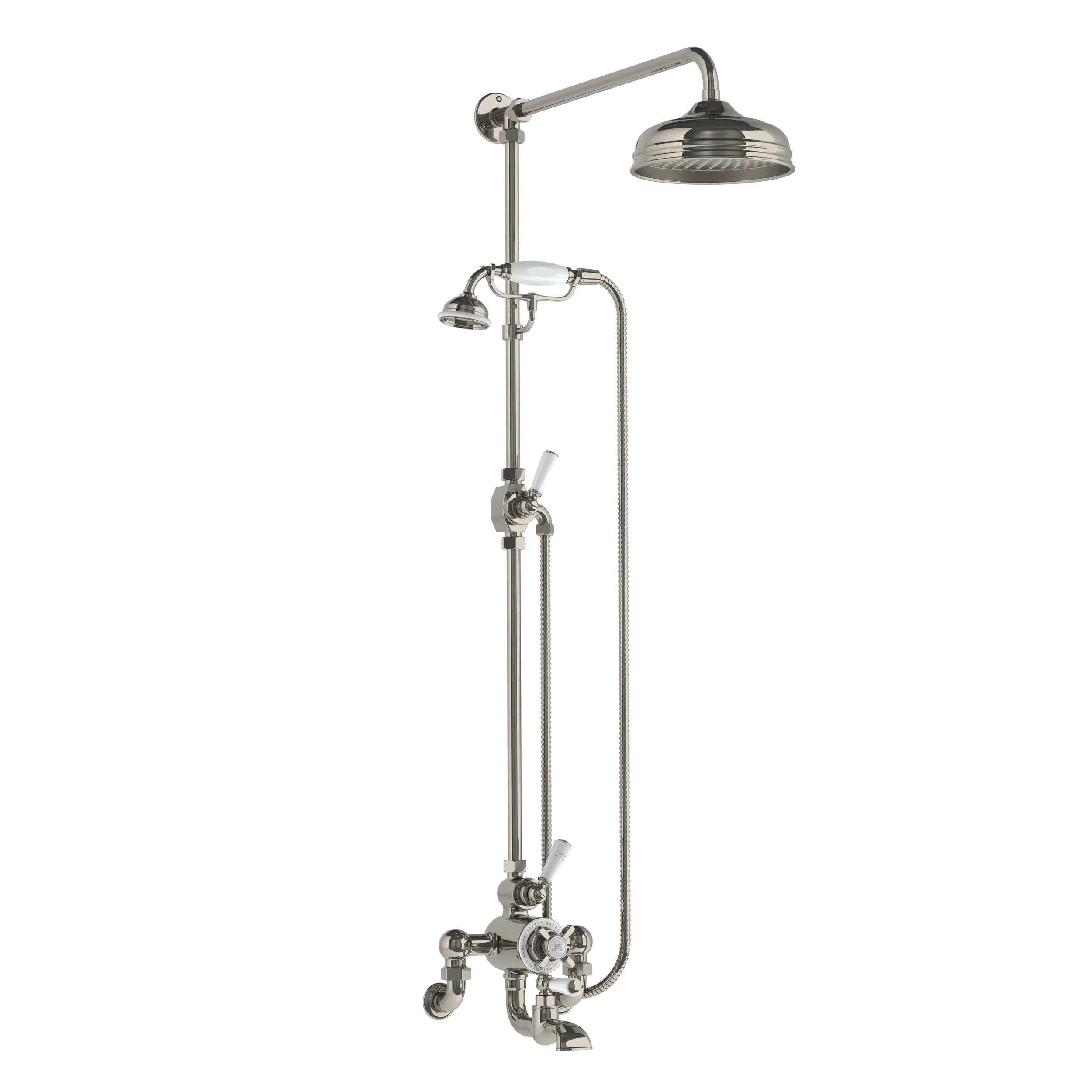 WM GD 8825   Classic wall mounted thermostatic bath shower mixer with riser, hand shower &amp; 8" rose