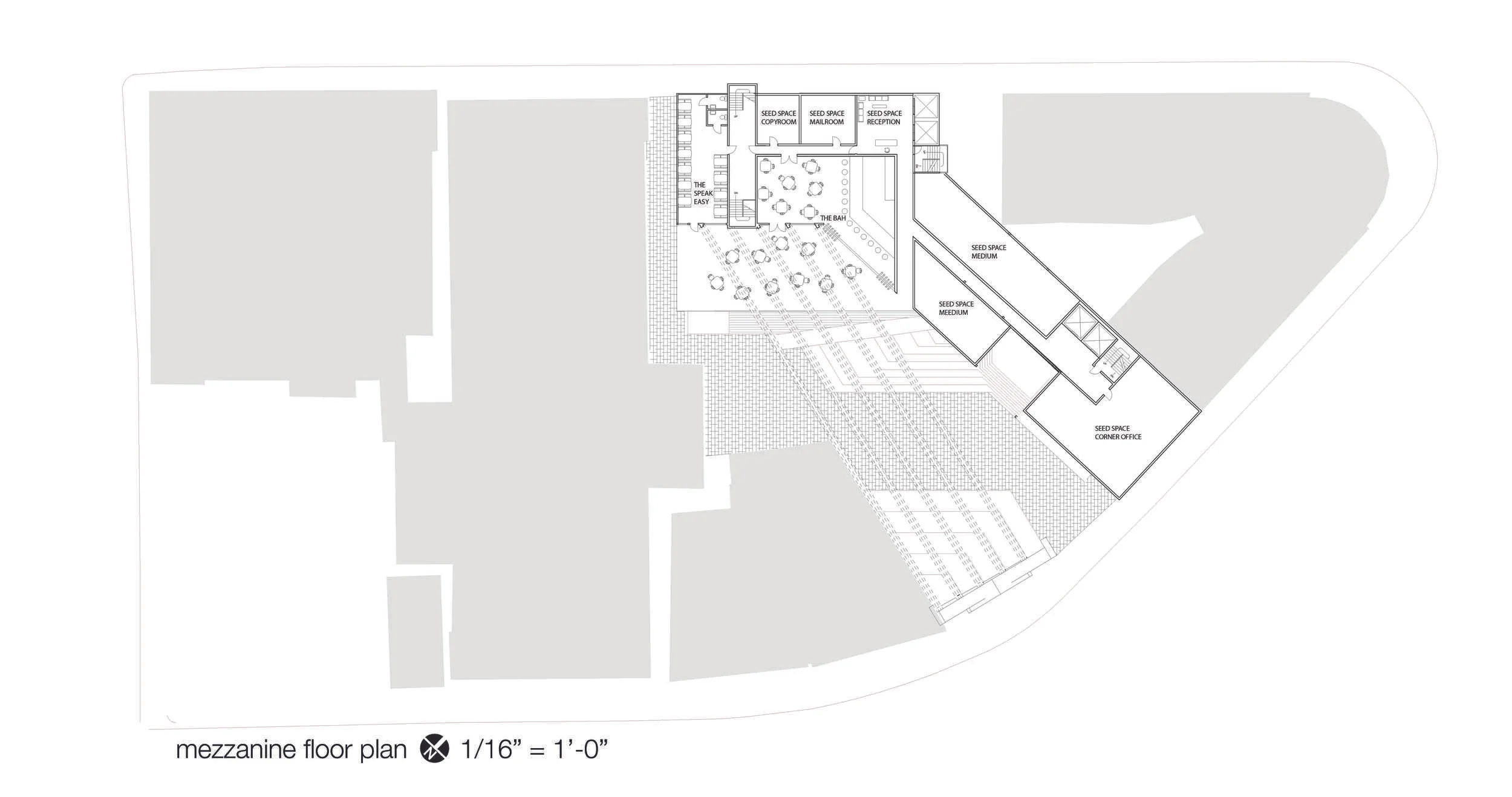 The second floor is one half bar/diner and the other half is smaller business seed spaces.
