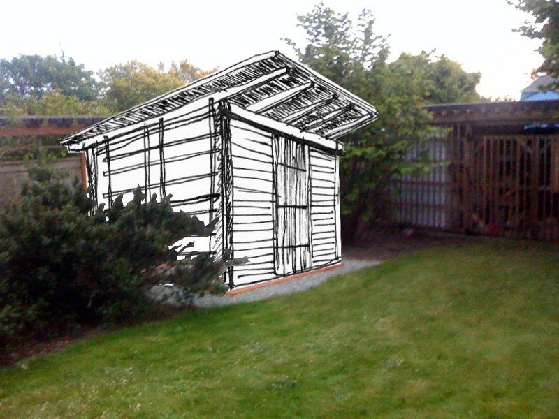  My conceptual sketch proposal for the shed photoshopped into the site. 
